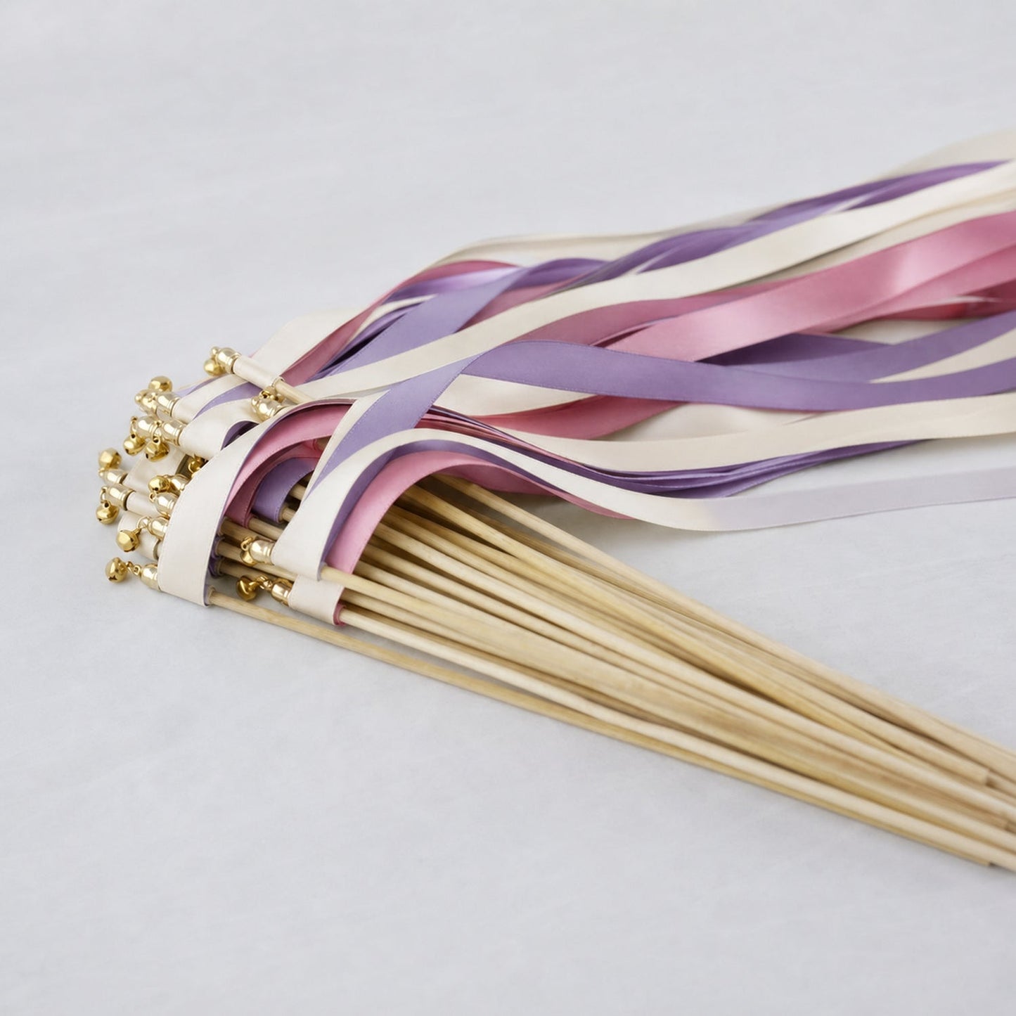 Handmade Wisteria Romance Wedding Ribbon Wands - Ivory, Wisteria and Rosy Mauve Triple Ribbon with Bell