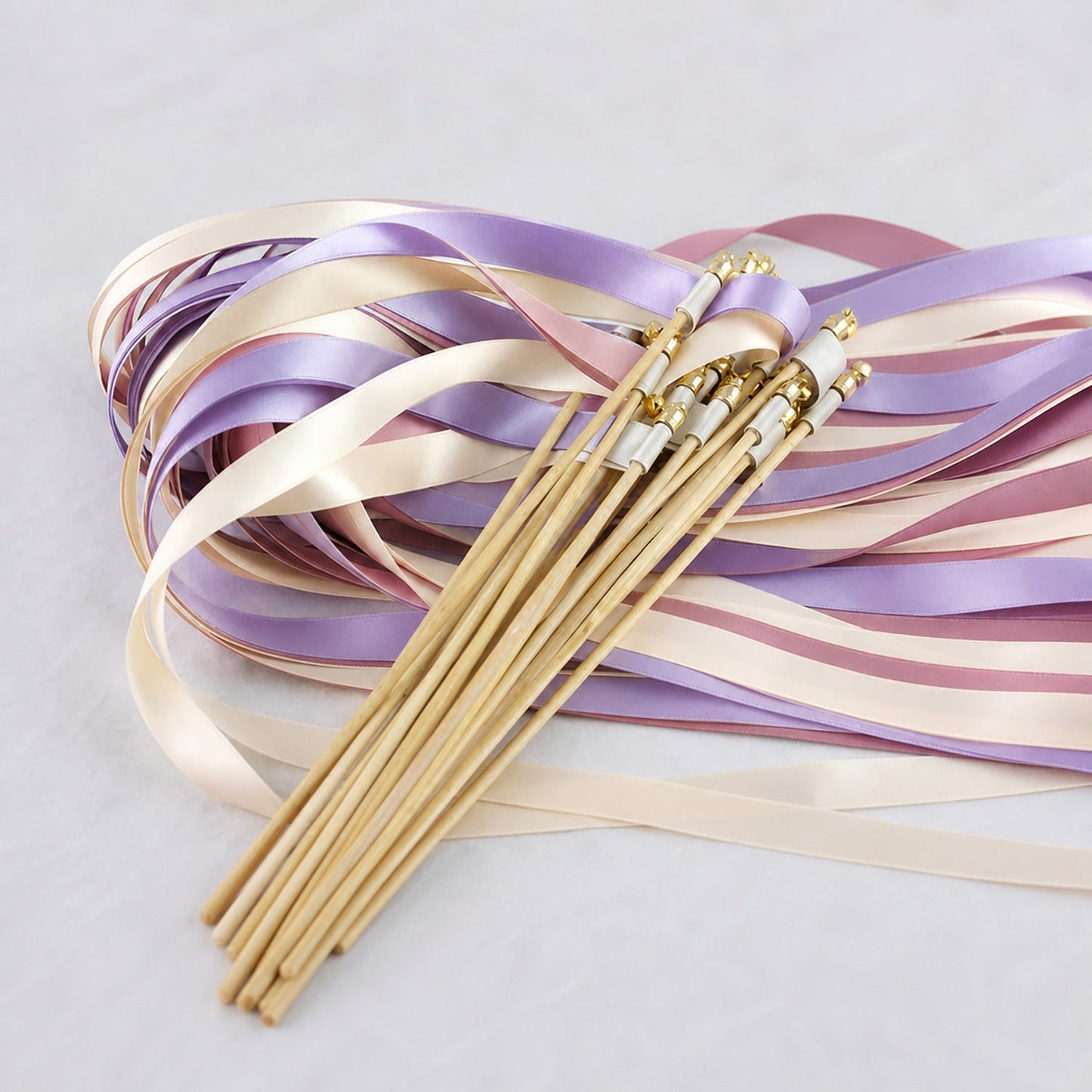 Handmade Wisteria Romance Wedding Ribbon Wands - Ivory, Wisteria and Rosy Mauve Triple Ribbon with Bell