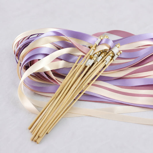 Handmade Wisteria Romance Wedding Ribbon Wands - Ivory, Wisteria and Rosy Mauve Triple Ribbon with Bell