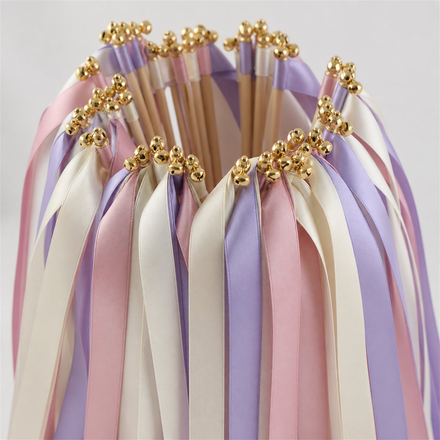 Handmade Wisteria Romance Wedding Ribbon Wands - Ivory, Wisteria and Rosy Mauve Triple Ribbon with Bell