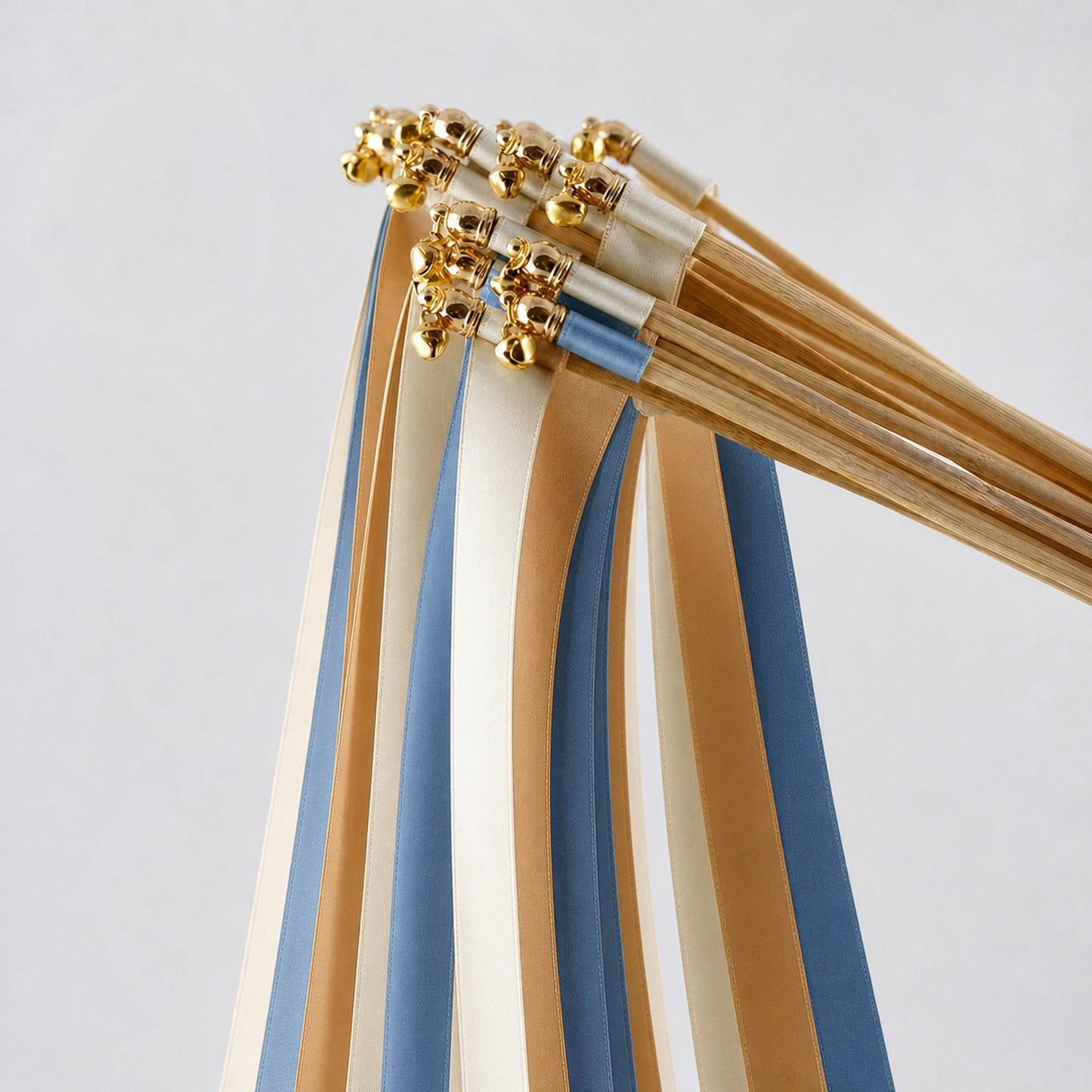Handmade Ocean Toffee Wedding Ribbon Wands with Bell - Off White, Ocean Blue and Toffee