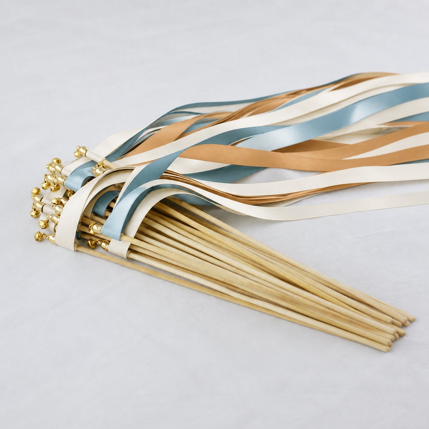 Handmade Ocean Toffee Wedding Ribbon Wands with Bell - Off White, Ocean Blue and Toffee