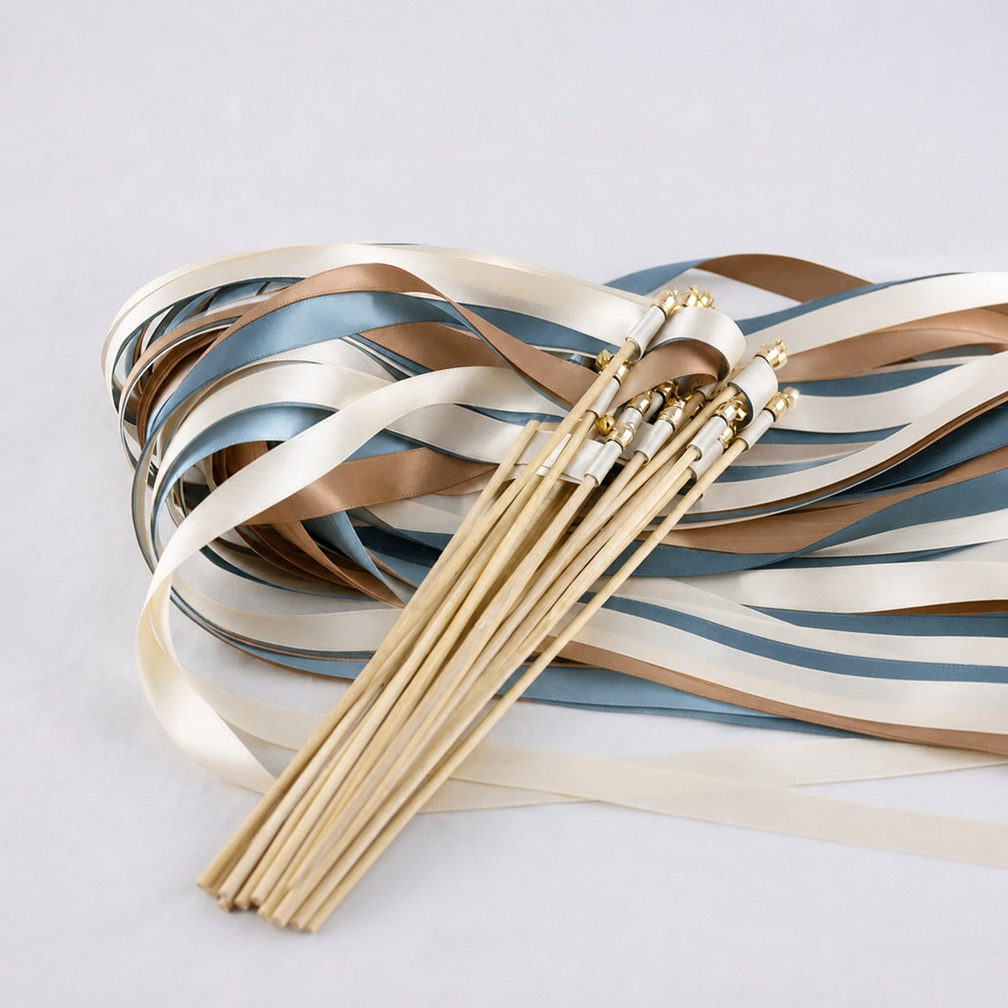 Handmade Ocean Toffee Wedding Ribbon Wands with Bell - Off White, Ocean Blue and Toffee