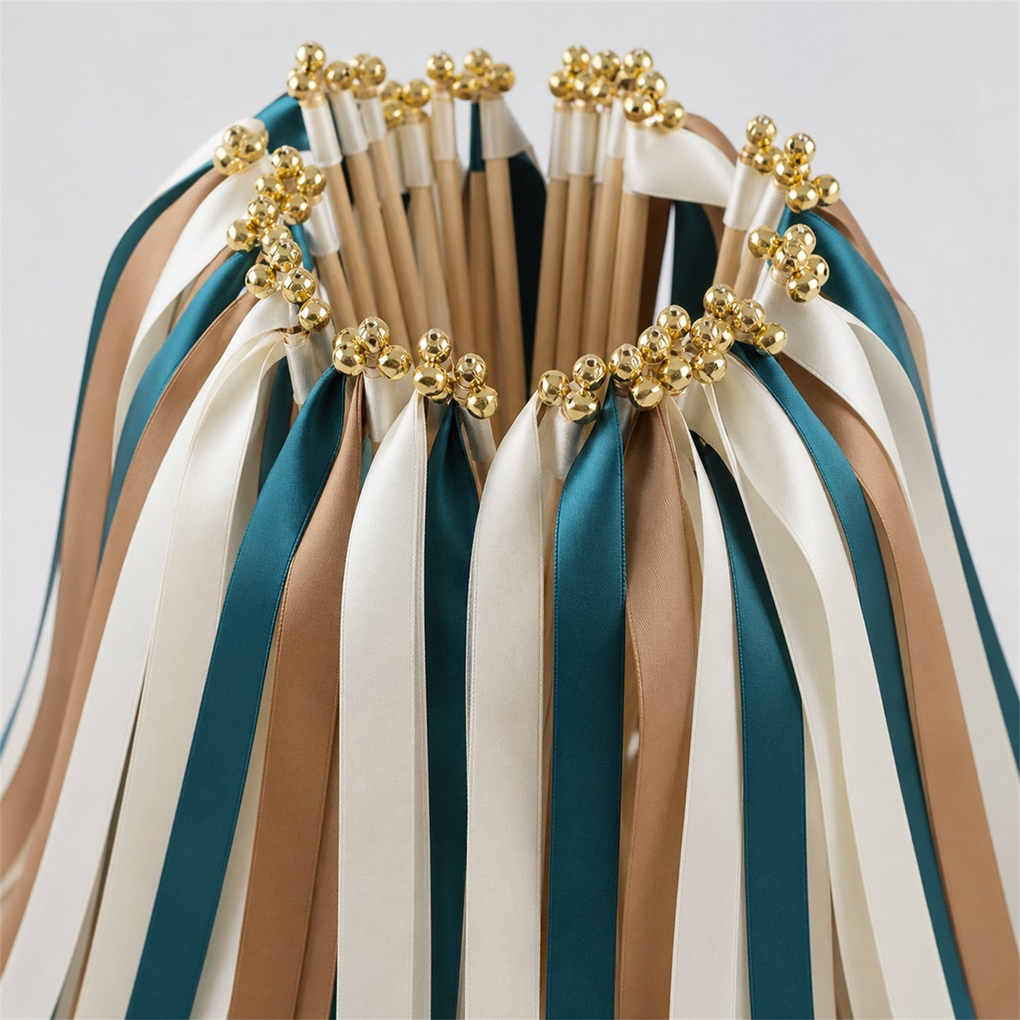 Handmade Ocean Toffee Wedding Ribbon Wands with Bell - Off White, Ocean Blue and Toffee
