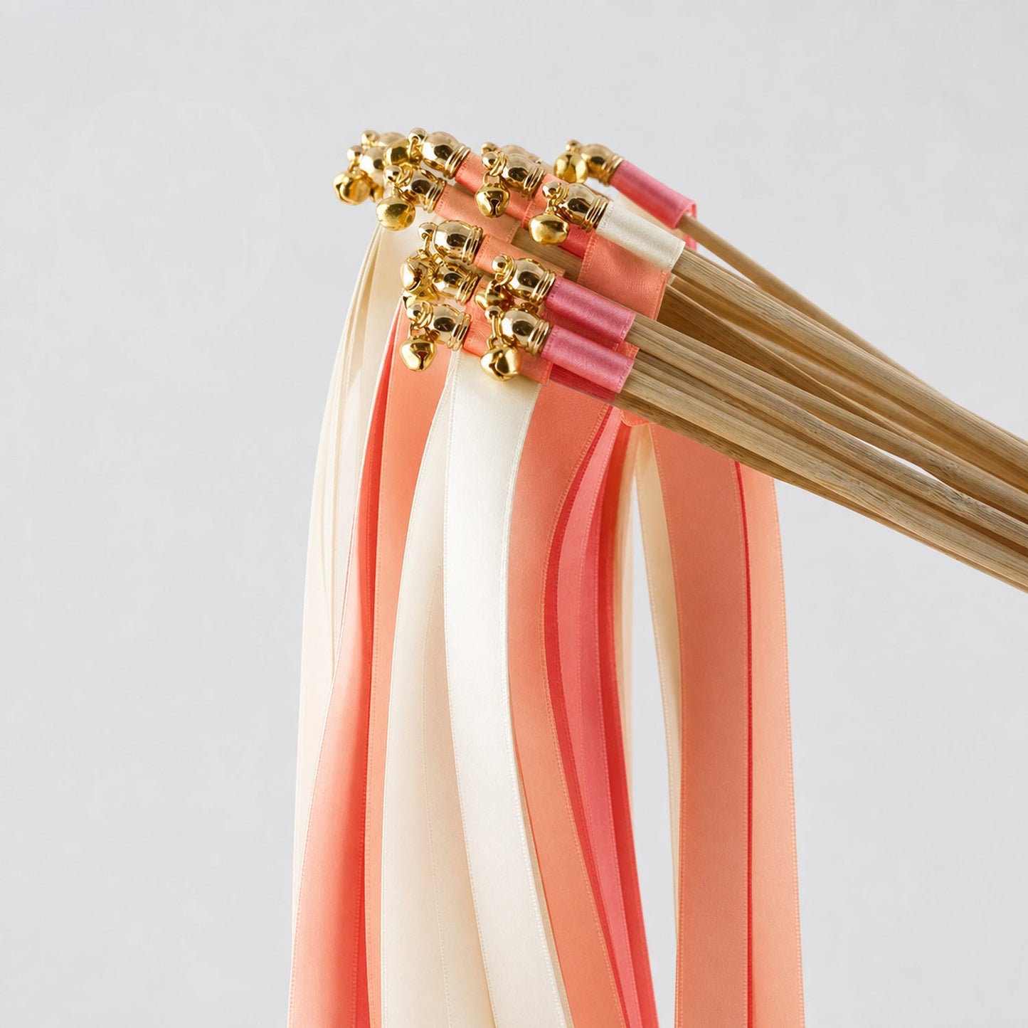 Handmade Off White, Peach and Coral Pink Wedding Exit Ribbon Wands with Bell - Peach Blossom Garden