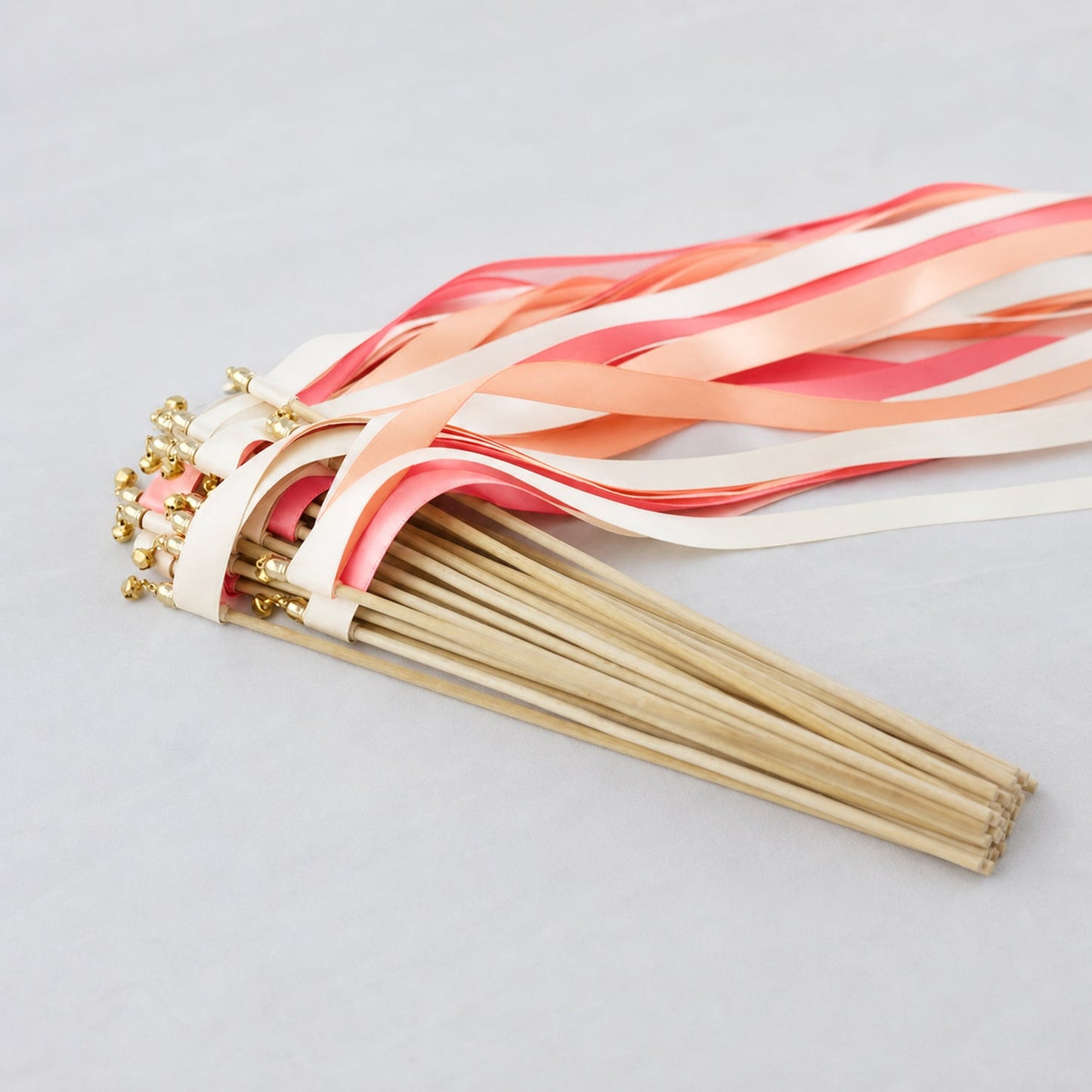 Handmade Off White, Peach and Coral Pink Wedding Exit Ribbon Wands with Bell - Peach Blossom Garden