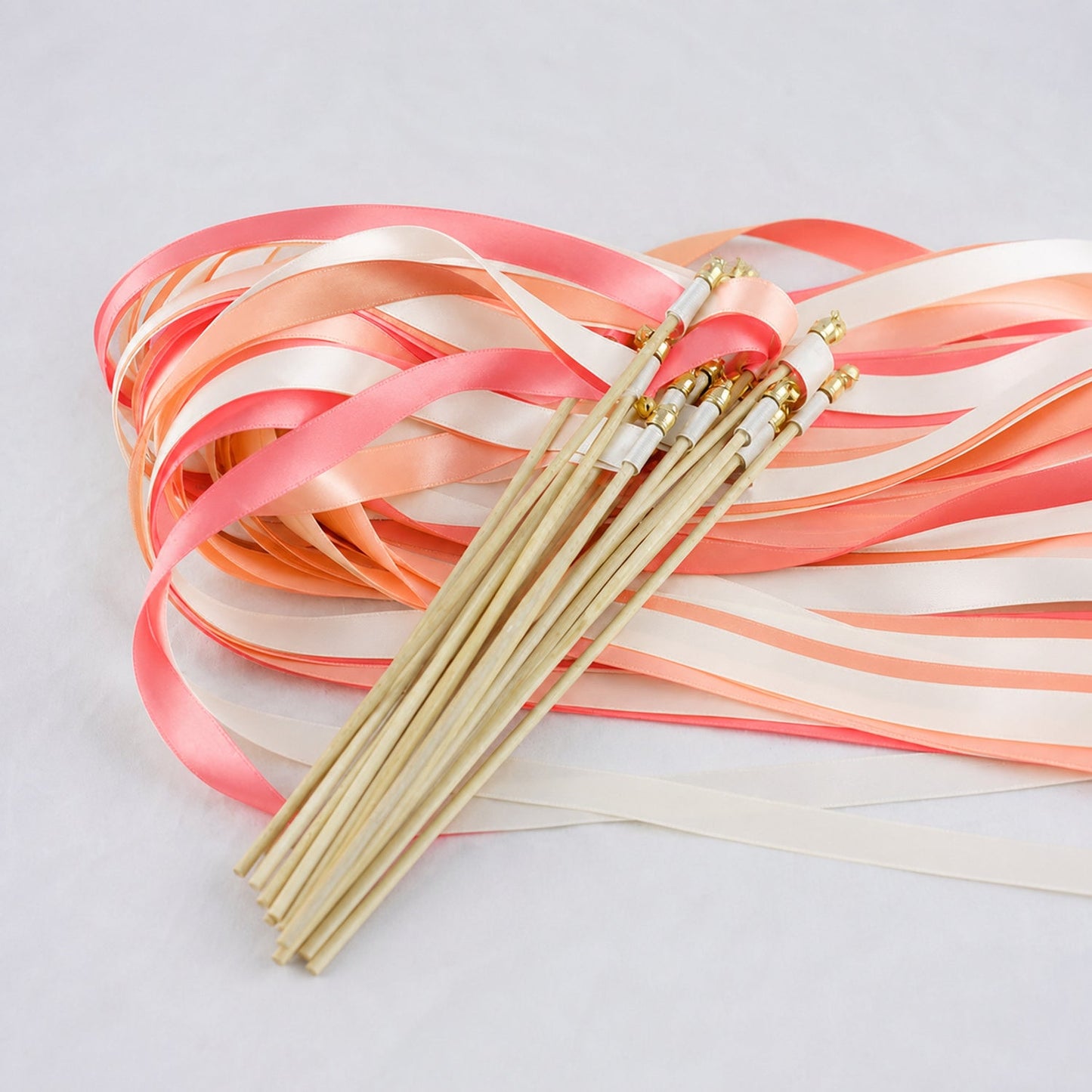 Handmade Off White, Peach and Coral Pink Wedding Exit Ribbon Wands with Bell - Peach Blossom Garden
