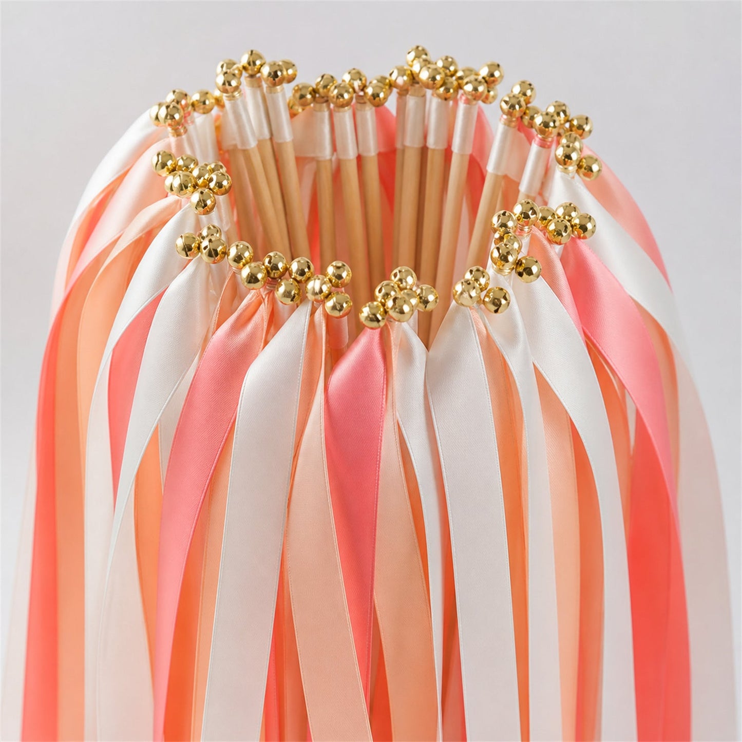 Handmade Off White, Peach and Coral Pink Wedding Exit Ribbon Wands with Bell - Peach Blossom Garden