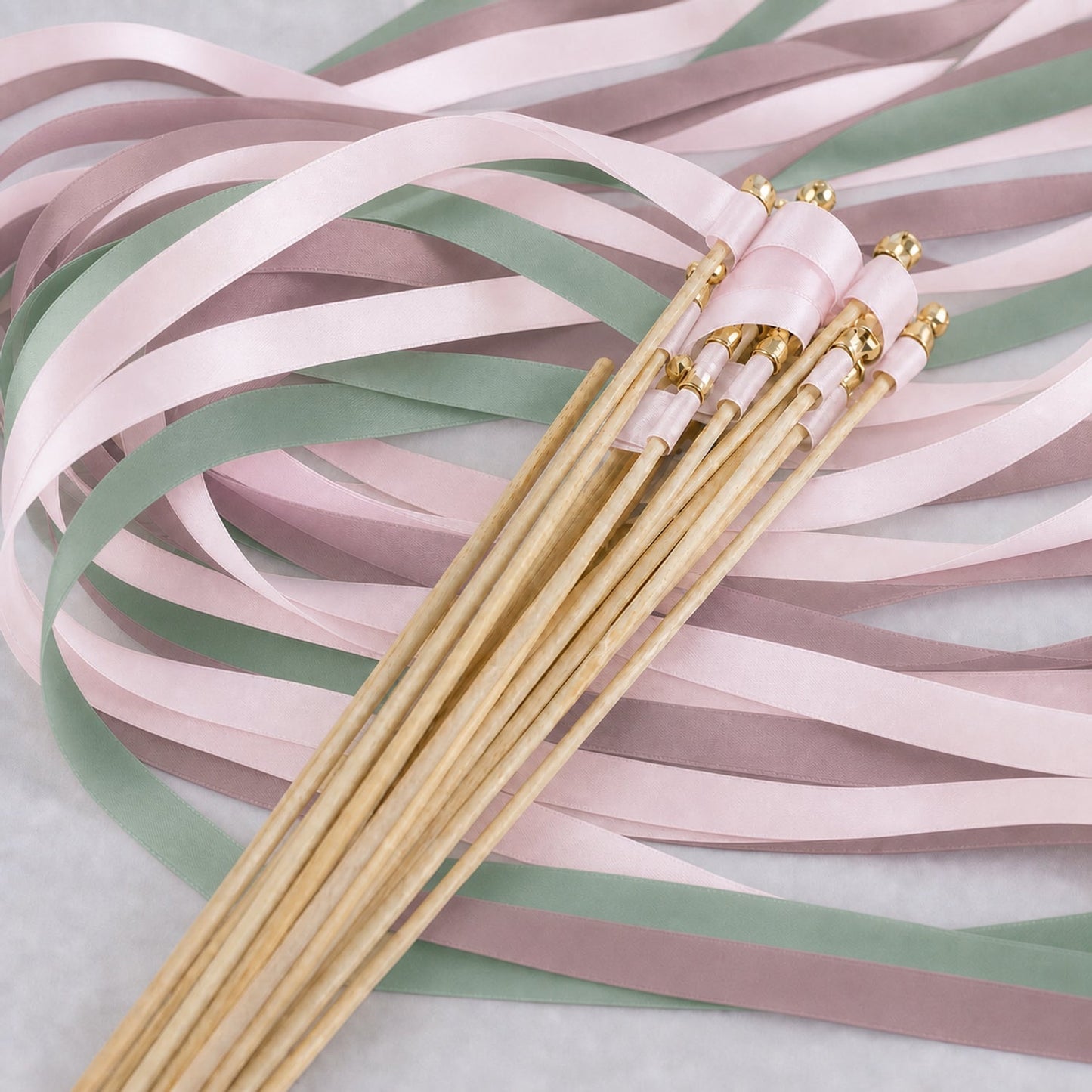 Handmade Heirloom Garden Wedding Ribbon Wands with Bell - White Rose, Celadon and Antique Mauve