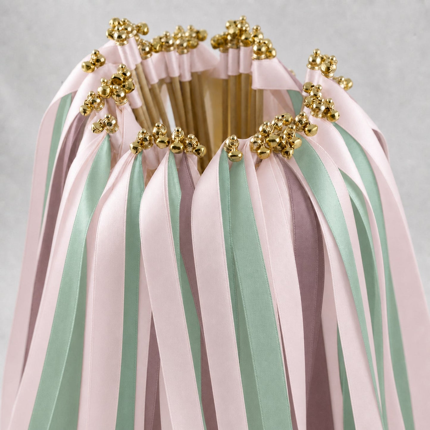Handmade Heirloom Garden Wedding Ribbon Wands with Bell - White Rose, Celadon and Antique Mauve