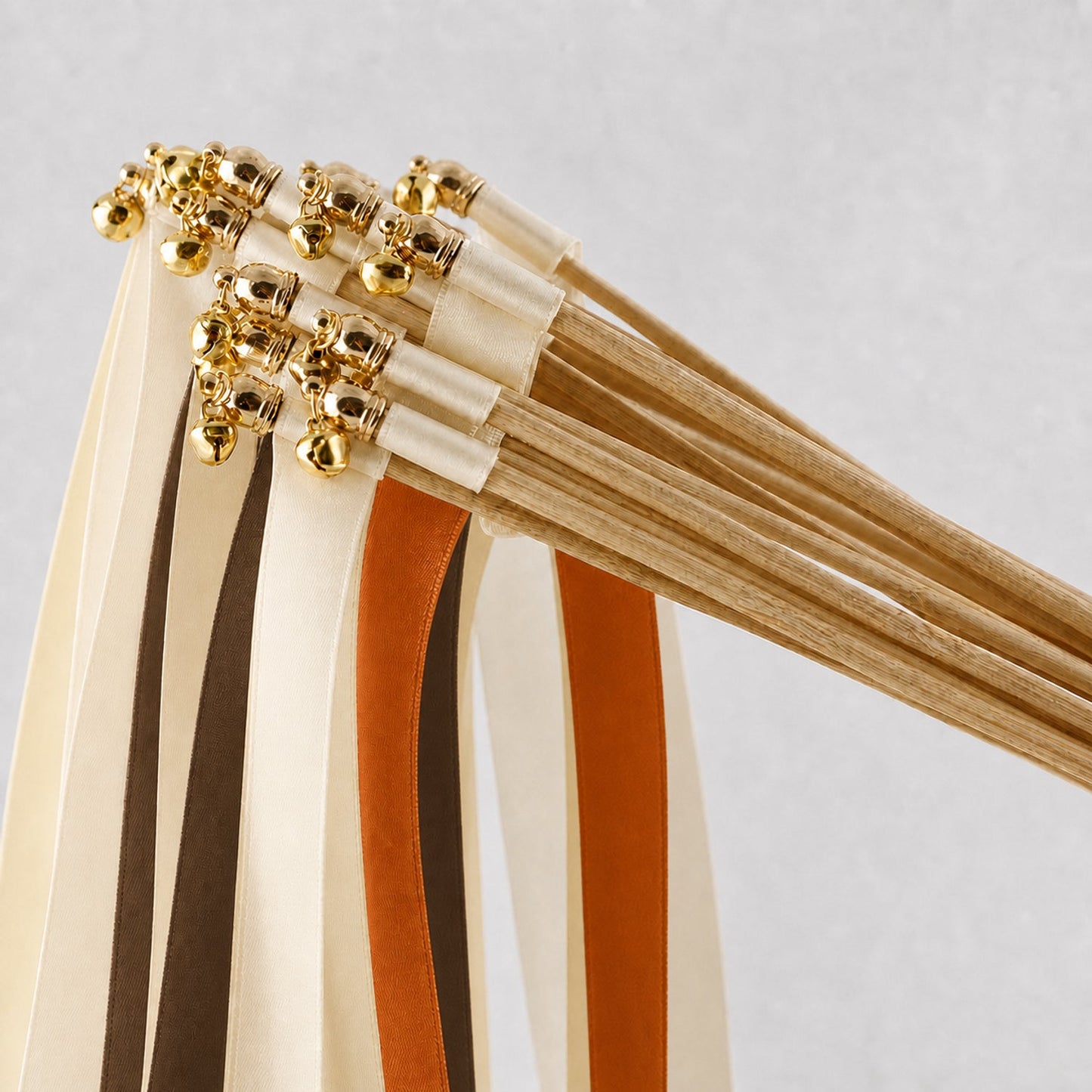Handmade Autumn Wedding Ribbon Wands with Bell - Cream, Cocoa and Burnt Orange Satin Ribbon