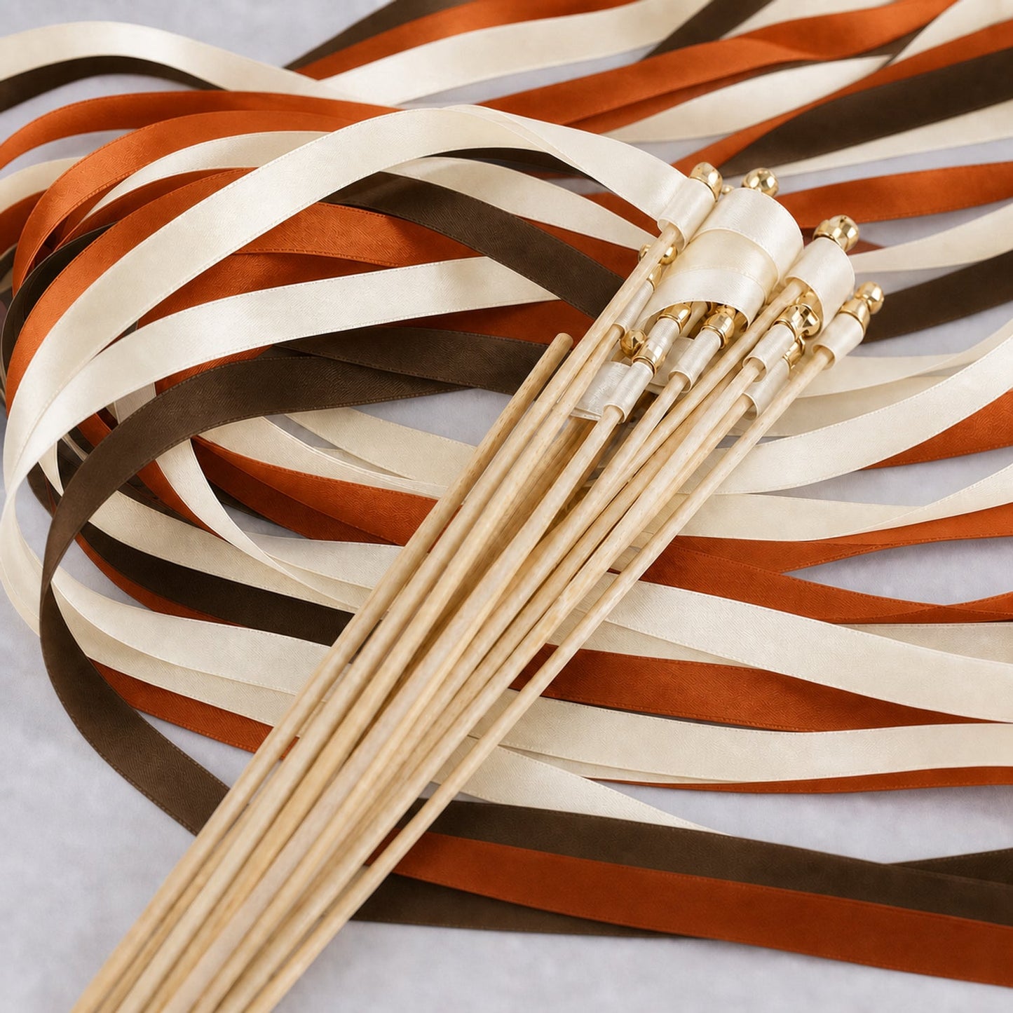 Handmade Autumn Wedding Ribbon Wands with Bell - Cream, Cocoa and Burnt Orange Satin Ribbon
