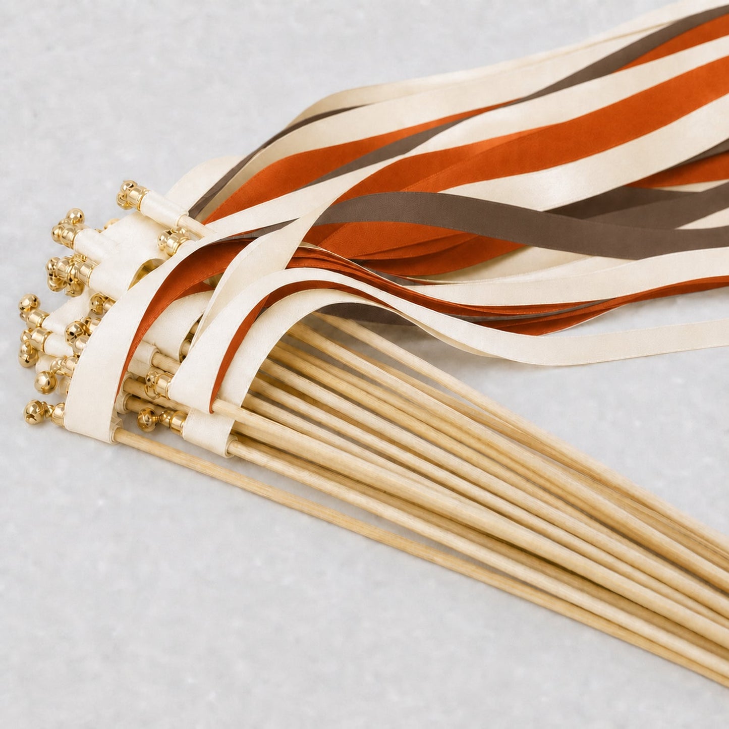 Handmade Autumn Wedding Ribbon Wands with Bell - Cream, Cocoa and Burnt Orange Satin Ribbon