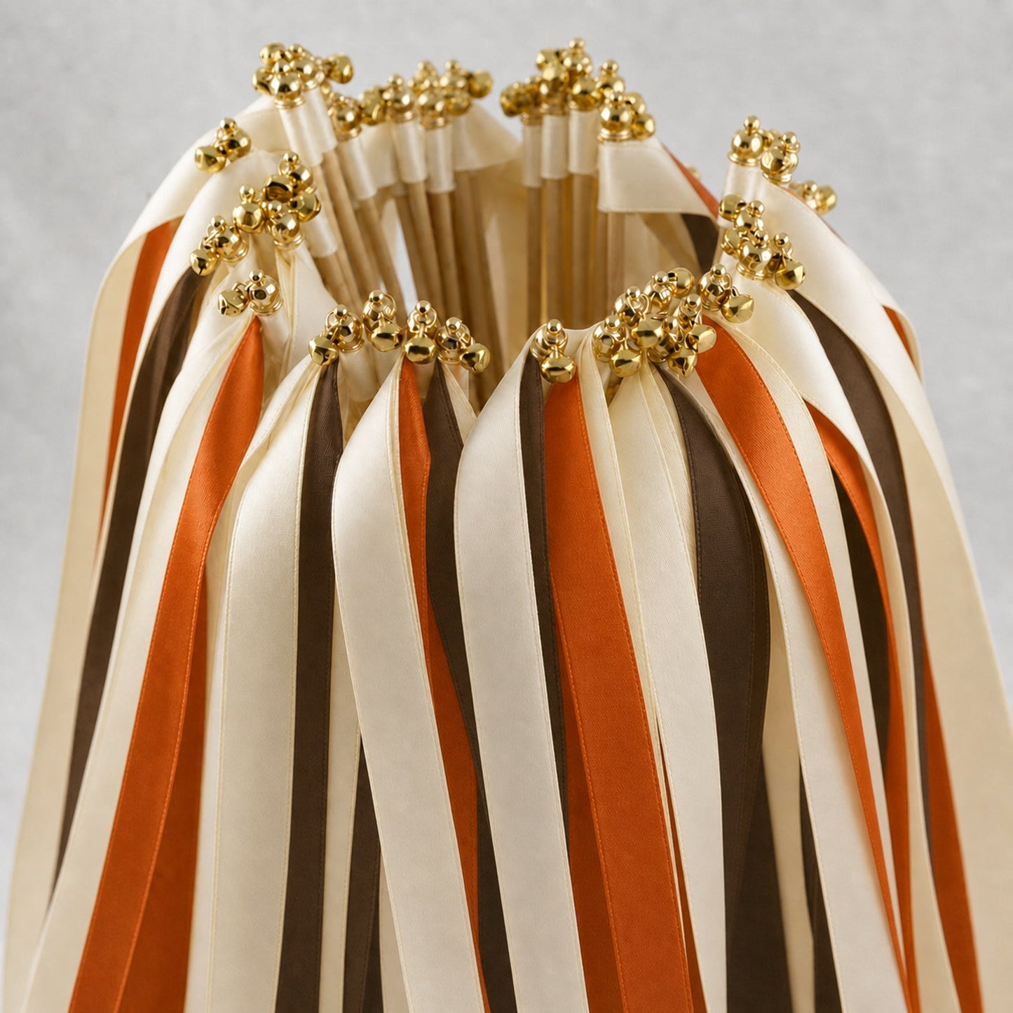 Handmade Autumn Wedding Ribbon Wands with Bell - Cream, Cocoa and Burnt Orange Satin Ribbon