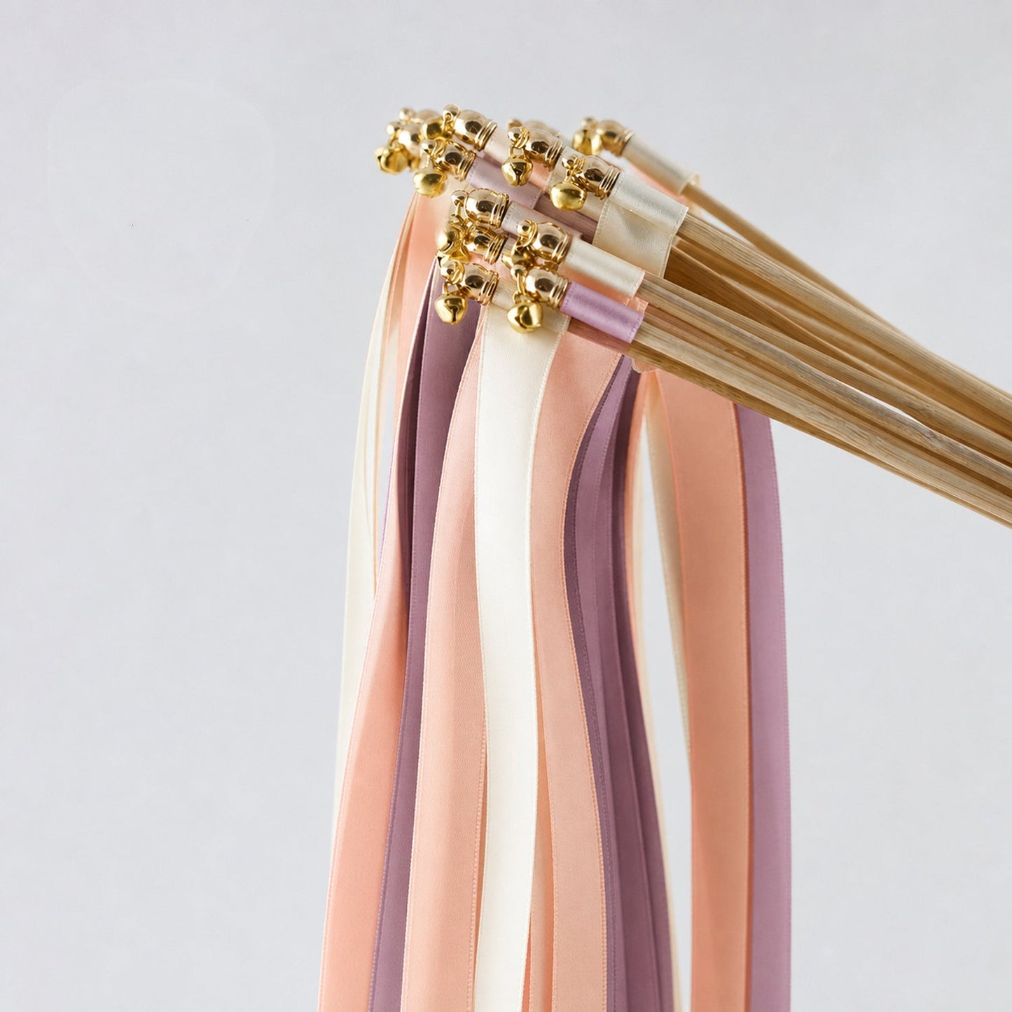 Handmade Antique Peach Wedding Ribbon Wands with Bell - Ivory, Light Peach and Antique Mauve