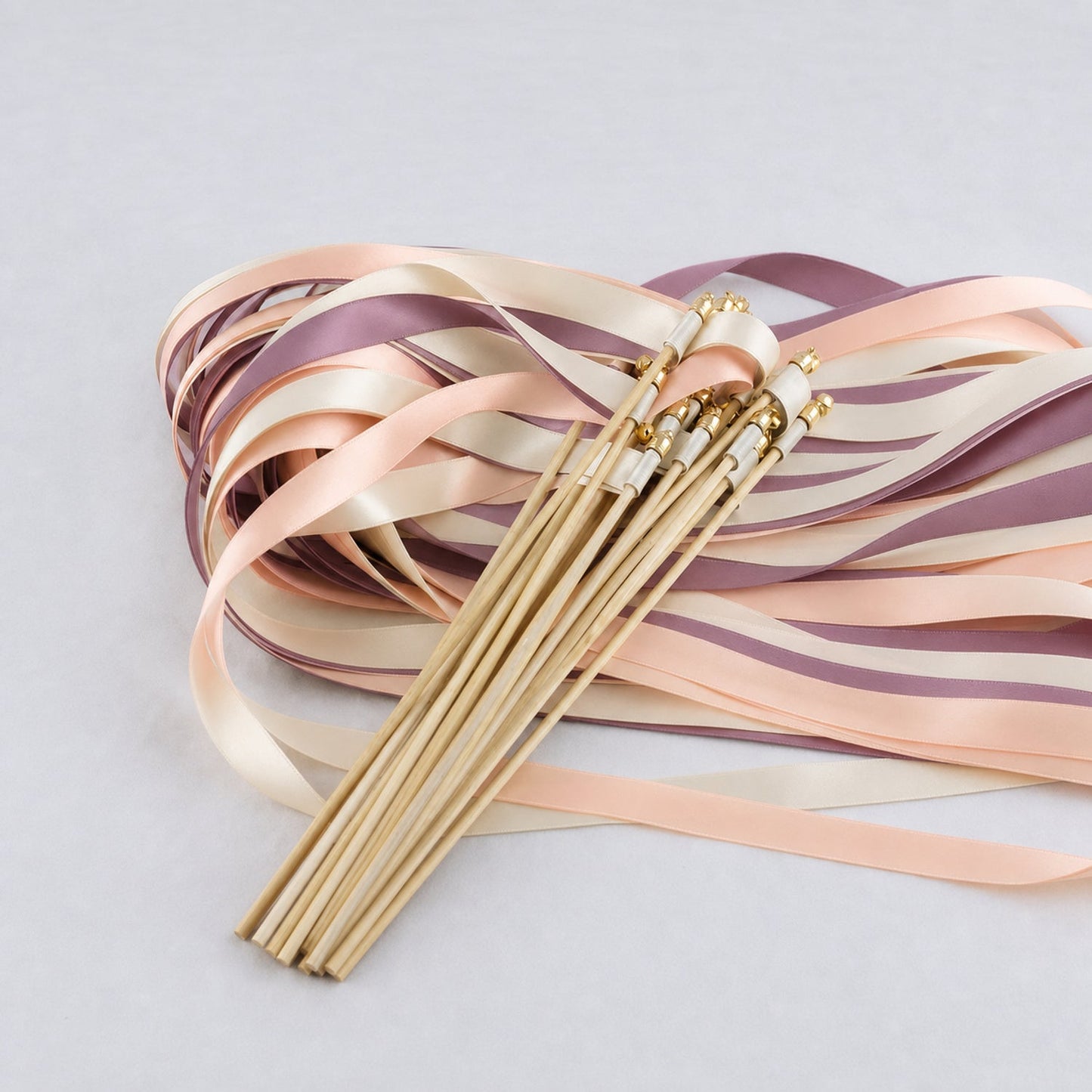 Handmade Antique Peach Wedding Ribbon Wands with Bell - Ivory, Light Peach and Antique Mauve