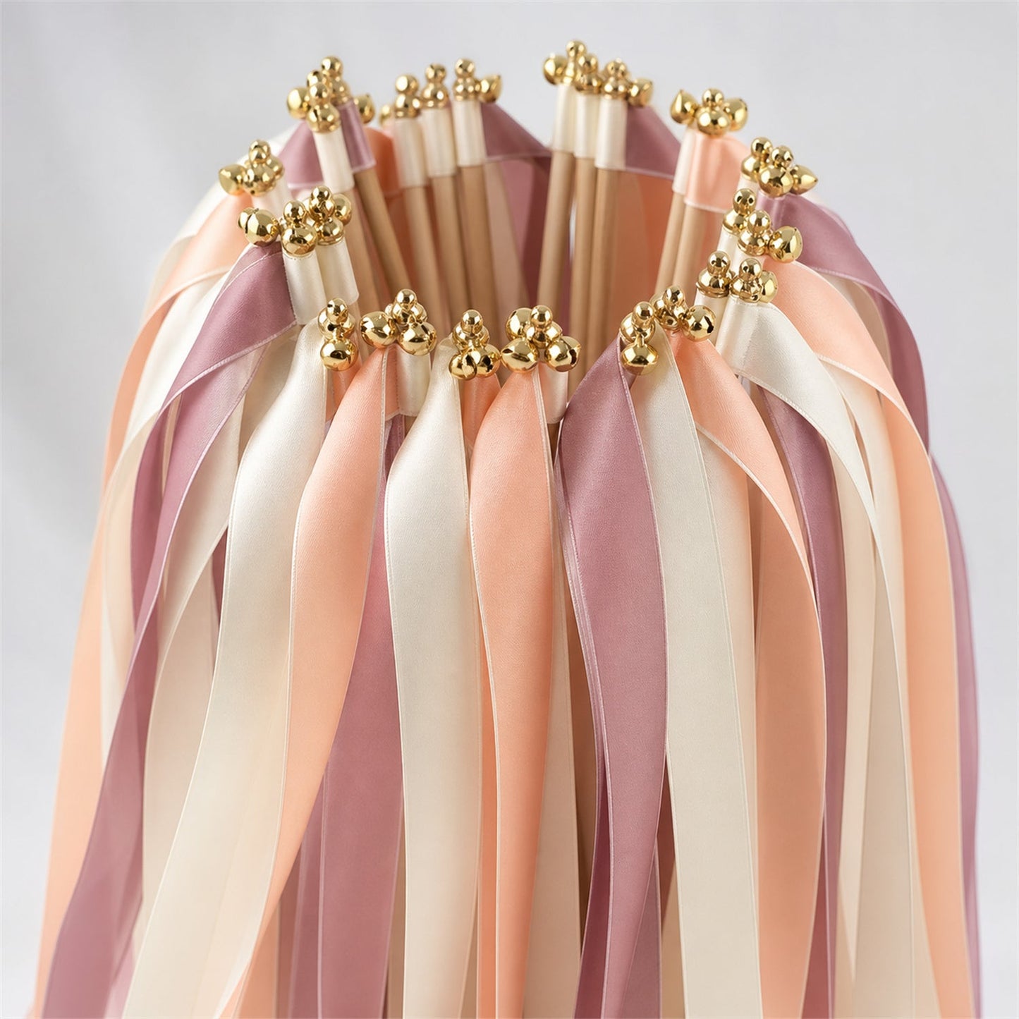 Handmade Antique Peach Wedding Ribbon Wands with Bell - Ivory, Light Peach and Antique Mauve