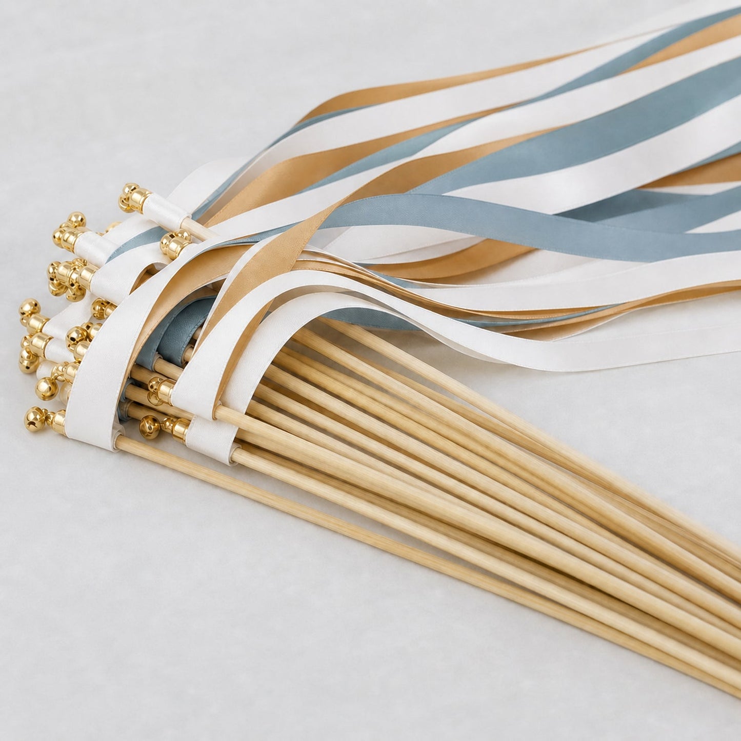 Handmade Quiet Luxury Wedding Ribbon Wands - White, Smoke Blue and Toffee with Bell