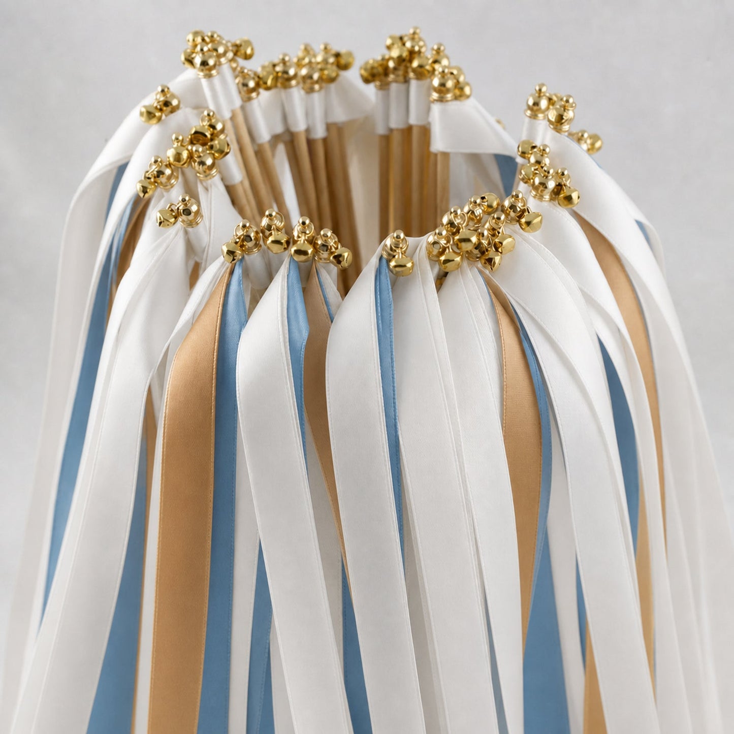 Handmade Quiet Luxury Wedding Ribbon Wands - White, Smoke Blue and Toffee with Bell