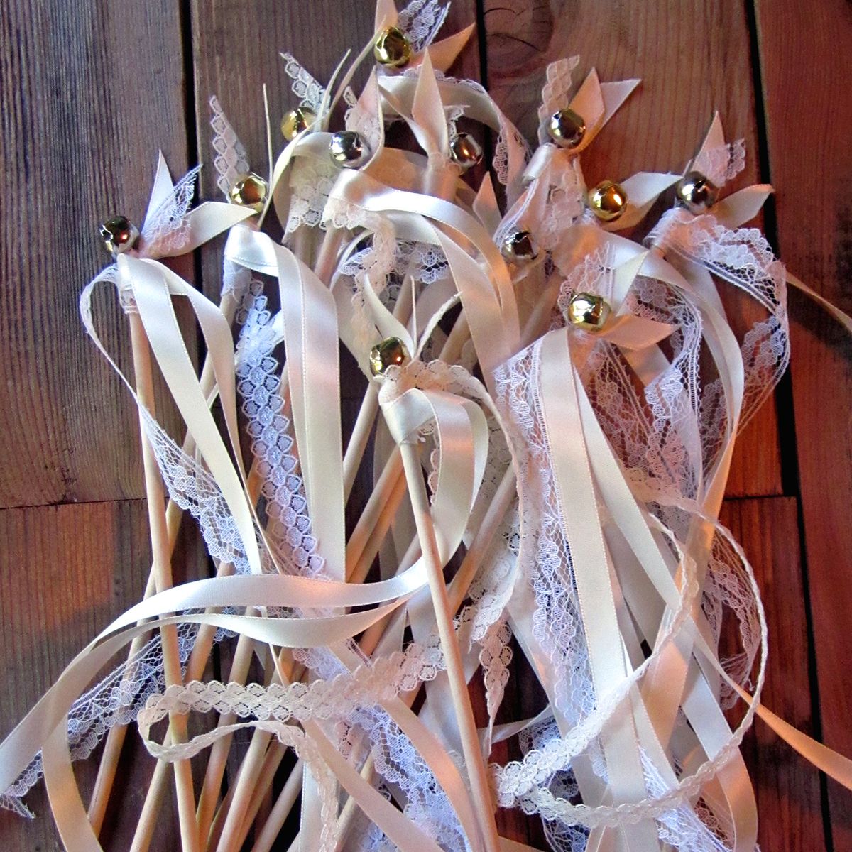 Handmade Vintage Ivory Lace Wedding Ribbon Wands with Bells for Wedding Exit