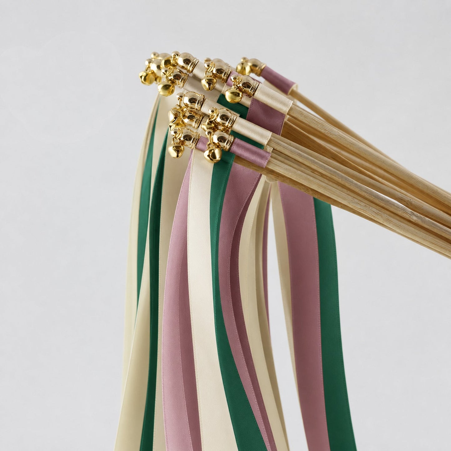 Handmade Cream, Emerald and Antique Mauve Wedding Ribbon Wands with Bell