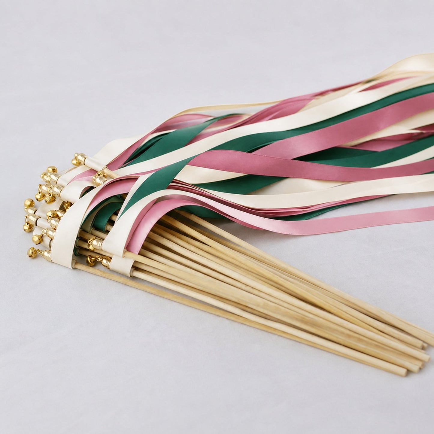 Handmade Cream, Emerald and Antique Mauve Wedding Ribbon Wands with Bell