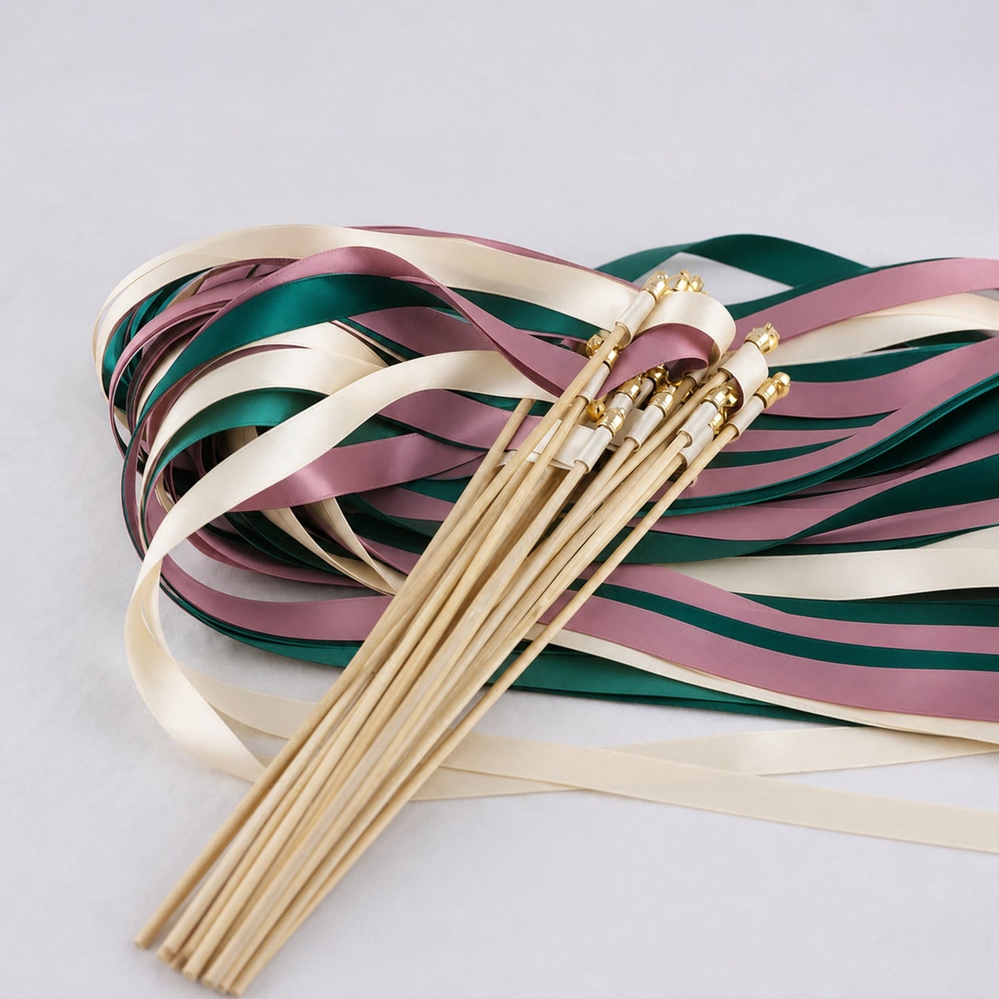 Handmade Cream, Emerald and Antique Mauve Wedding Ribbon Wands with Bell