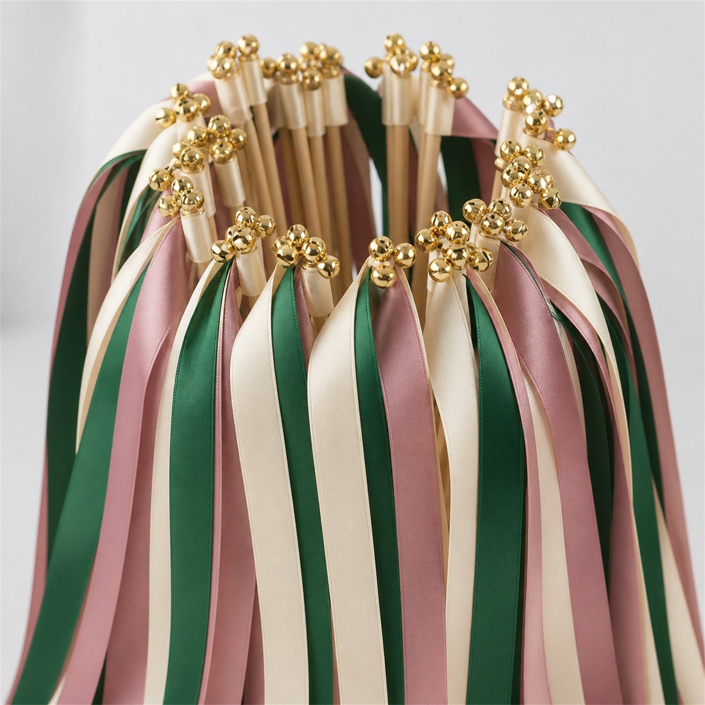 Handmade Cream, Emerald and Antique Mauve Wedding Ribbon Wands with Bell