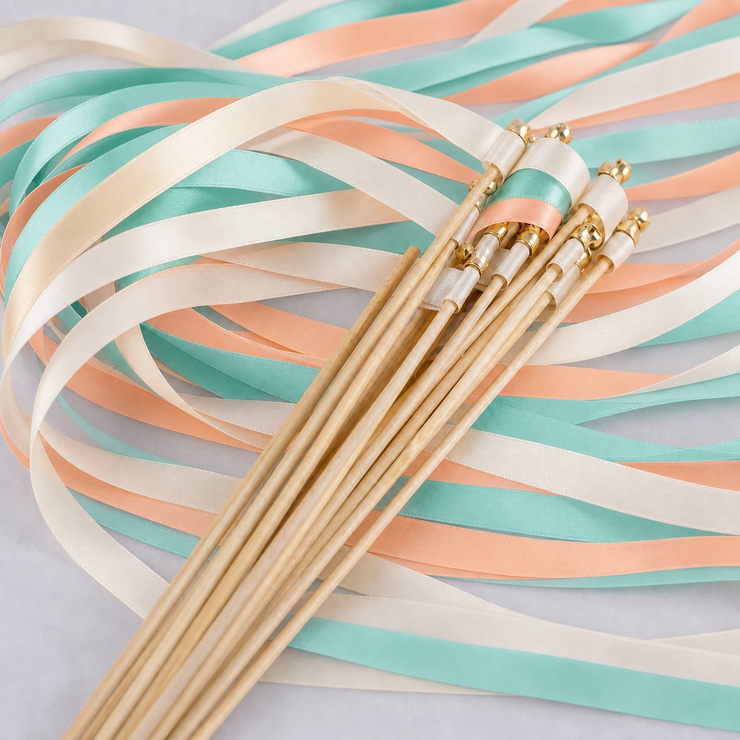 Handmade Tropical Destination Wedding Ribbon Wands - Ivory, Turquoise Green and Peach Ribbons