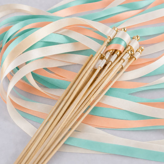 Handmade Tropical Destination Wedding Ribbon Wands - Ivory, Turquoise Green and Peach Ribbons