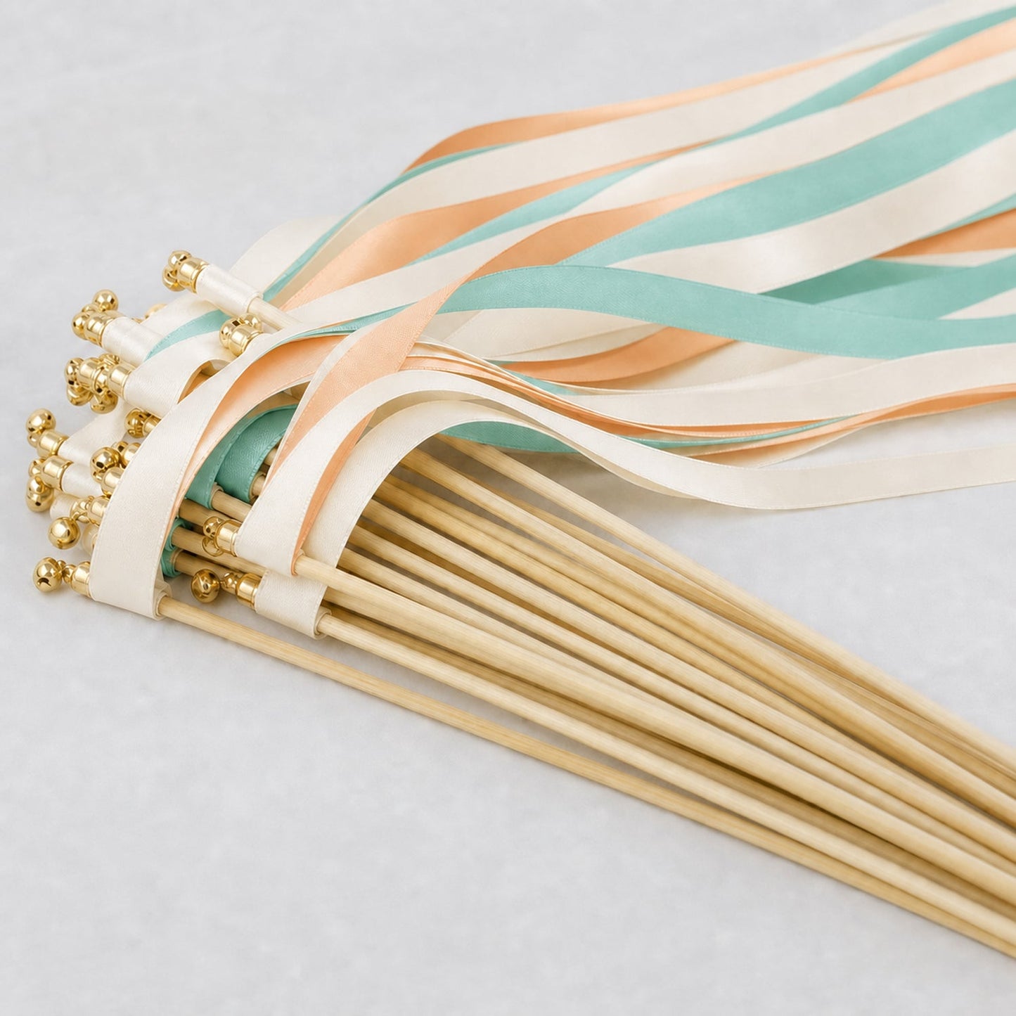 Handmade Tropical Destination Wedding Ribbon Wands - Ivory, Turquoise Green and Peach Ribbons