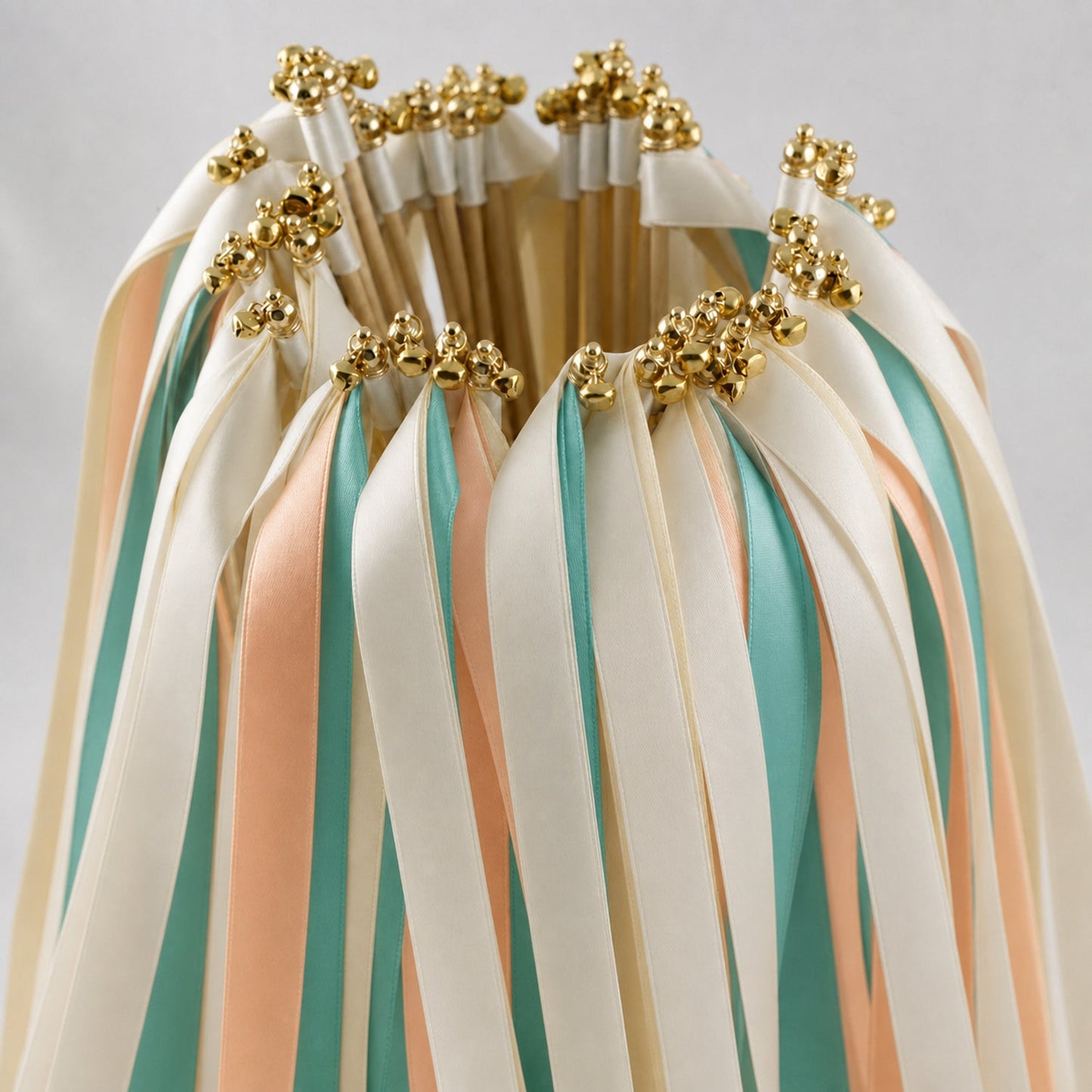 Handmade Tropical Destination Wedding Ribbon Wands - Ivory, Turquoise Green and Peach Ribbons