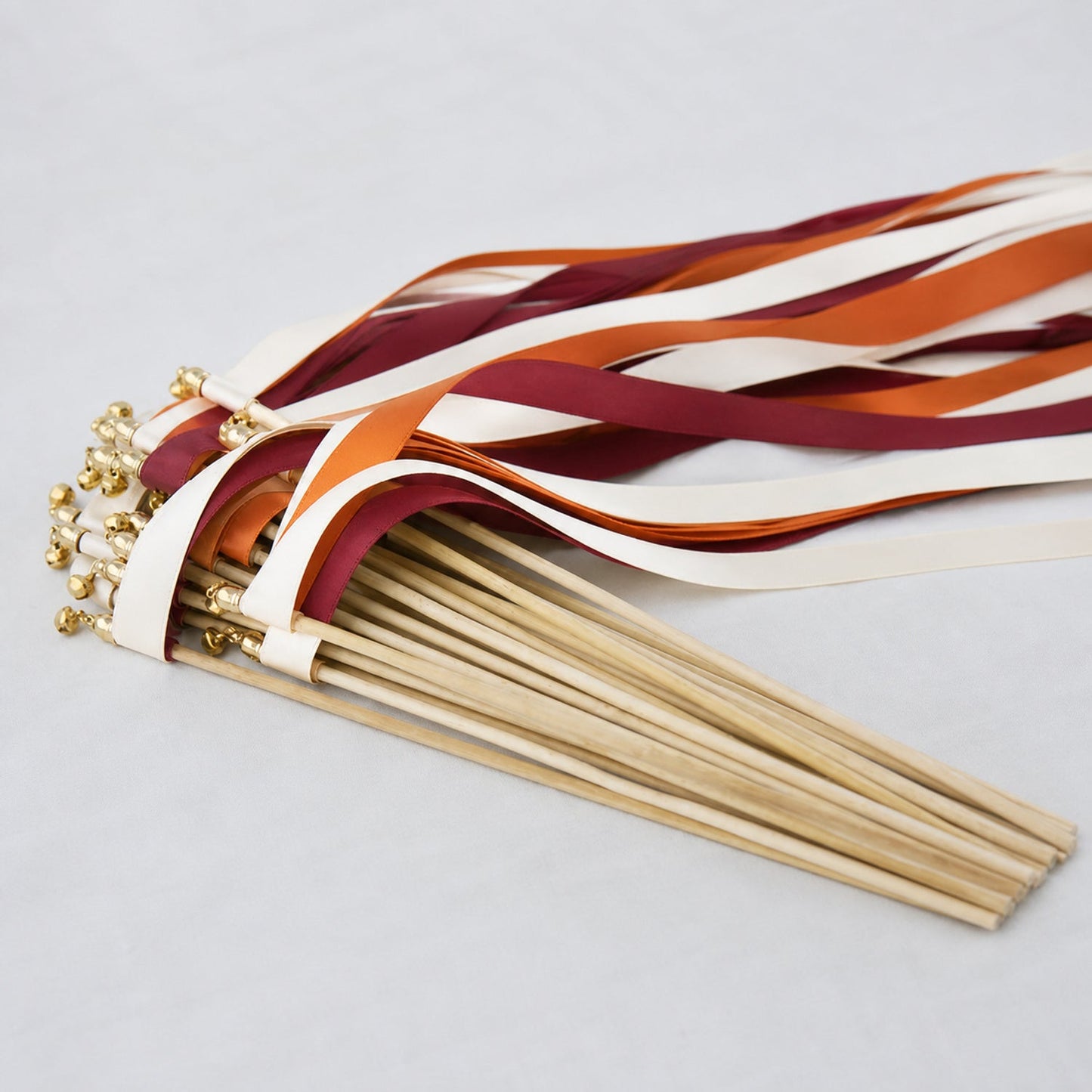 Handmade Off White, Burnt Orange and Burgundy Wedding Ribbon Wands with Bell - Autumn Ember