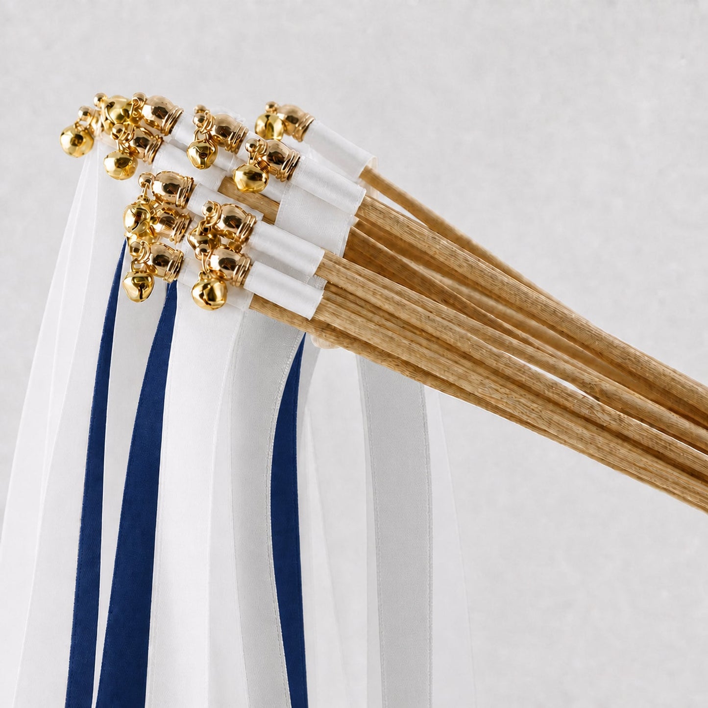 Handmade Classic Navy Wedding Ribbon Wands - White, Light Navy and Shell Gray with Bell