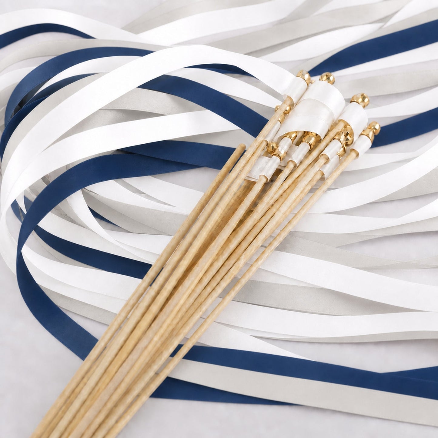Handmade Classic Navy Wedding Ribbon Wands - White, Light Navy and Shell Gray with Bell