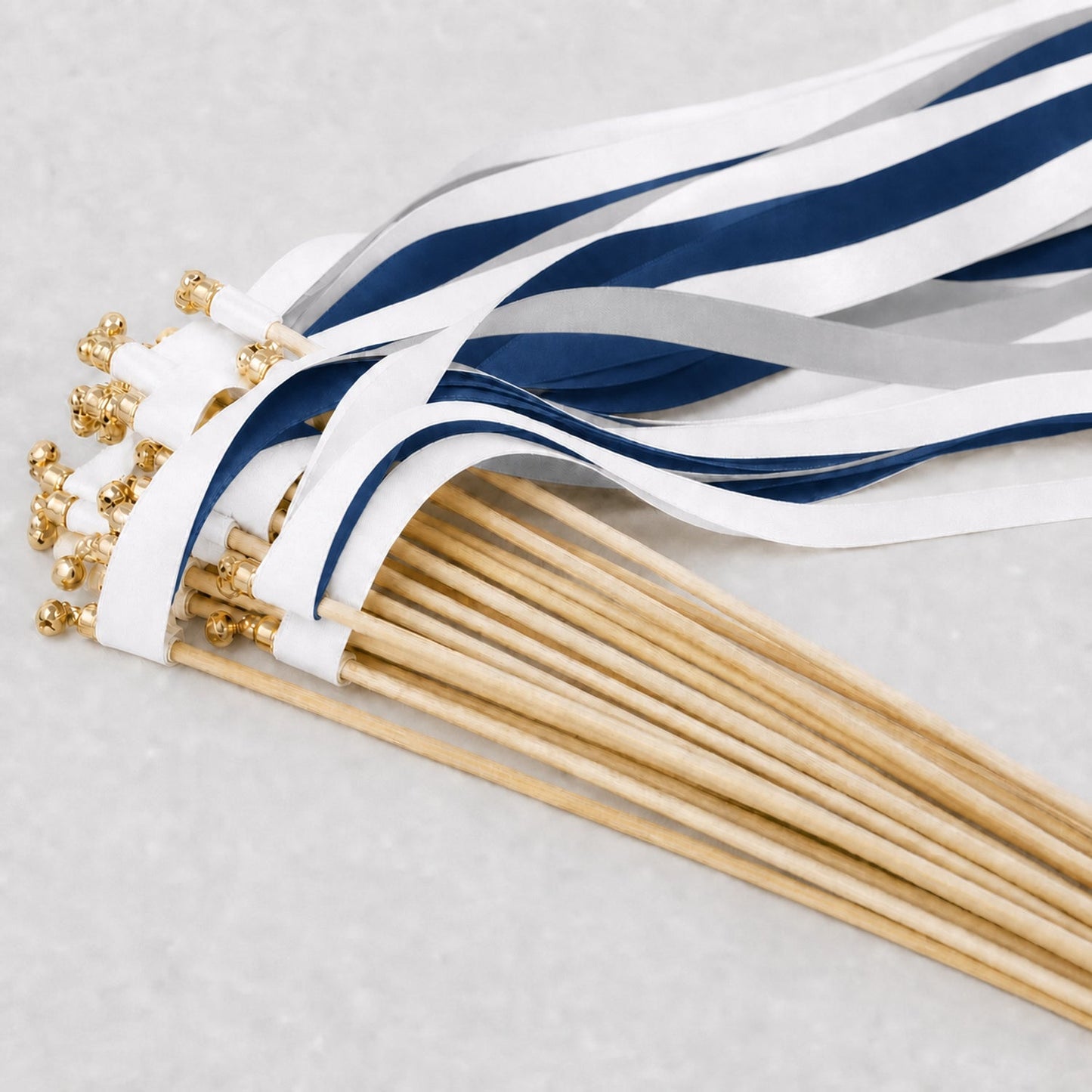 Handmade Classic Navy Wedding Ribbon Wands - White, Light Navy and Shell Gray with Bell