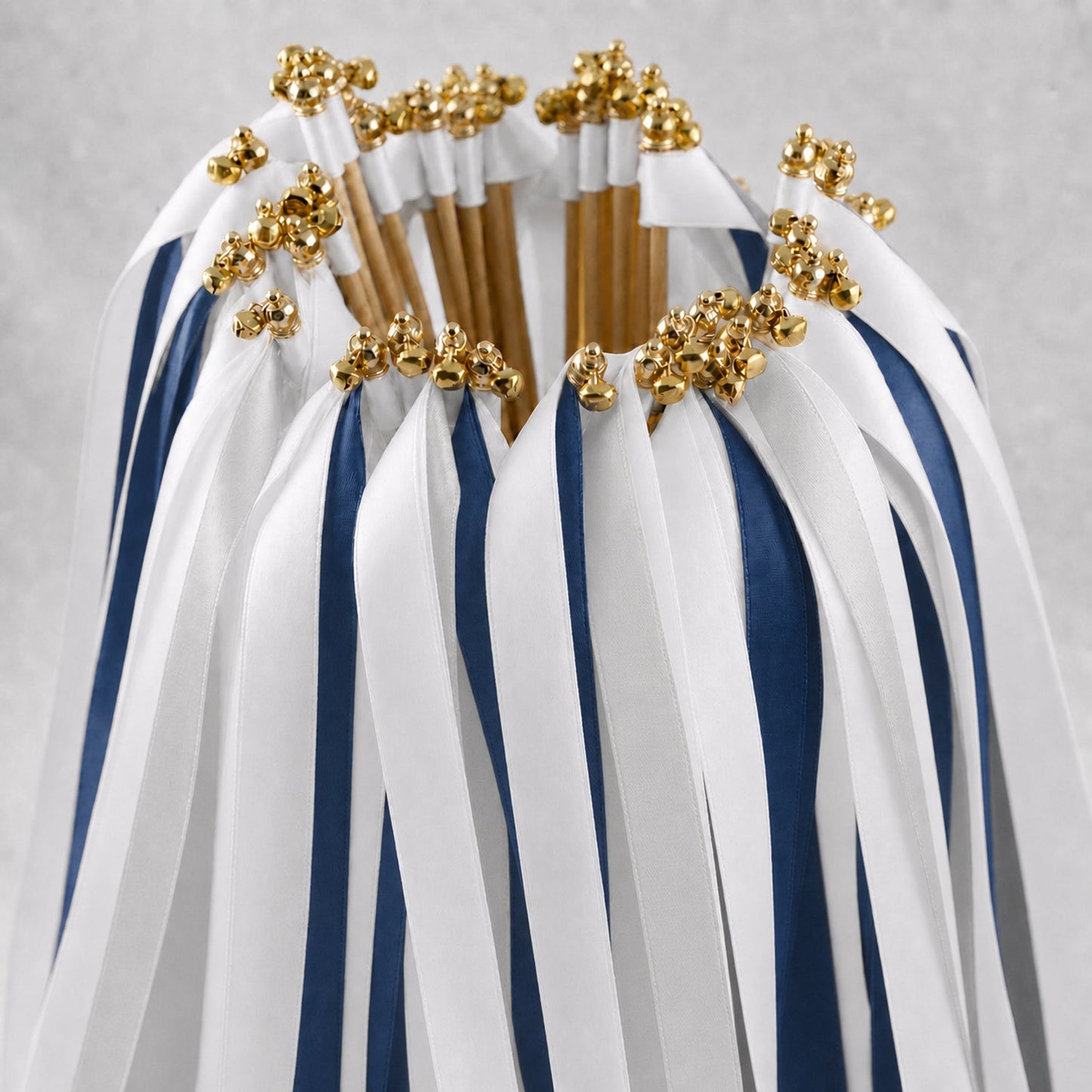 Handmade Classic Navy Wedding Ribbon Wands - White, Light Navy and Shell Gray with Bell