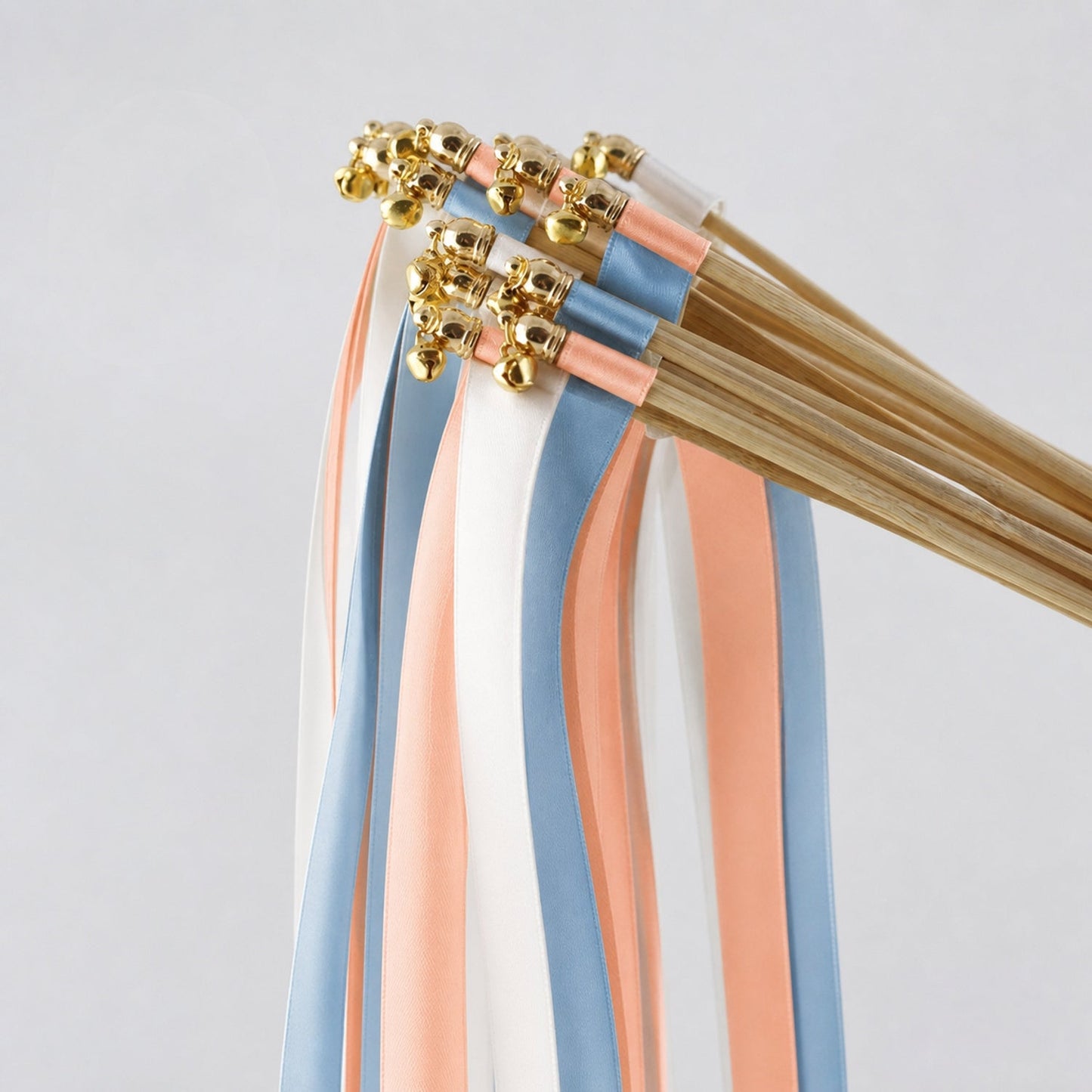 Handmade White Rose, Peach and Dusty Blue Ribbon Wands - Coastal Peach Wedding Send-Off