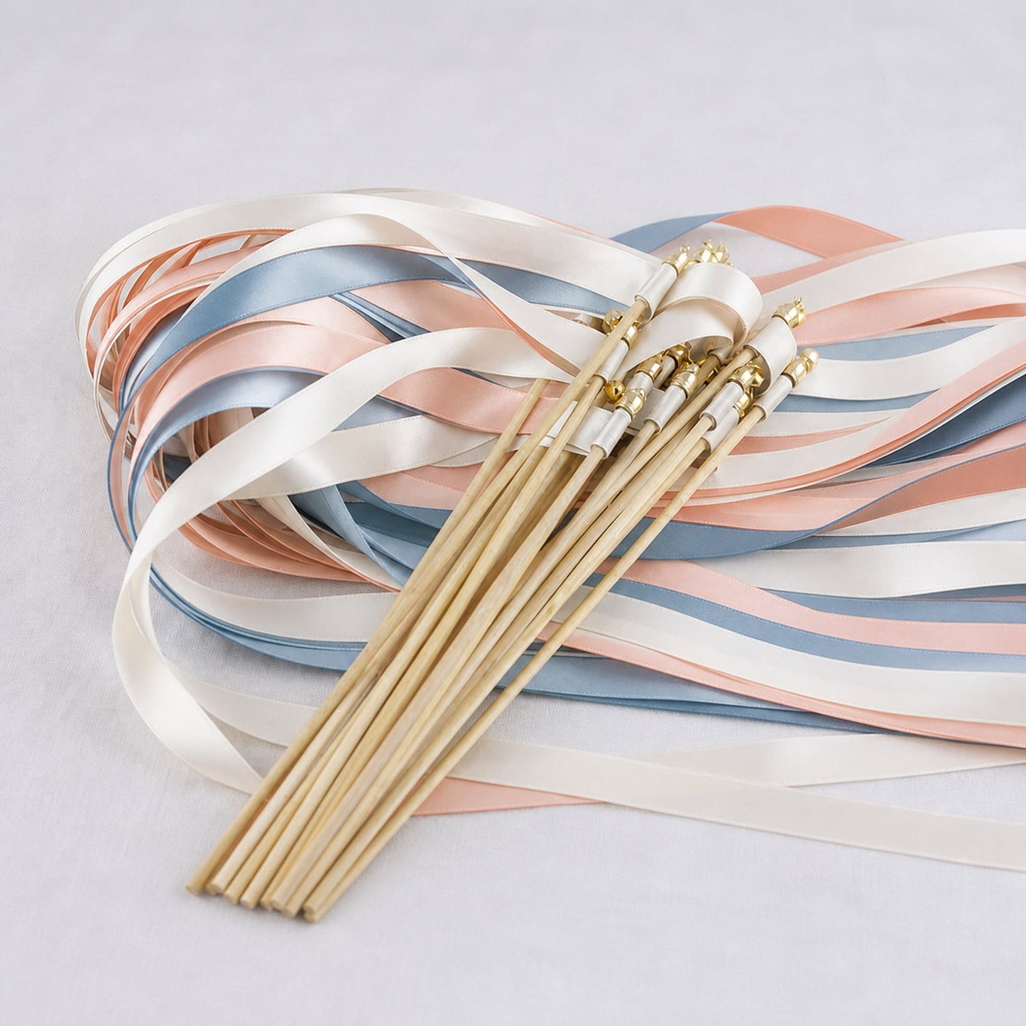 Handmade White Rose, Peach and Dusty Blue Ribbon Wands - Coastal Peach Wedding Send-Off
