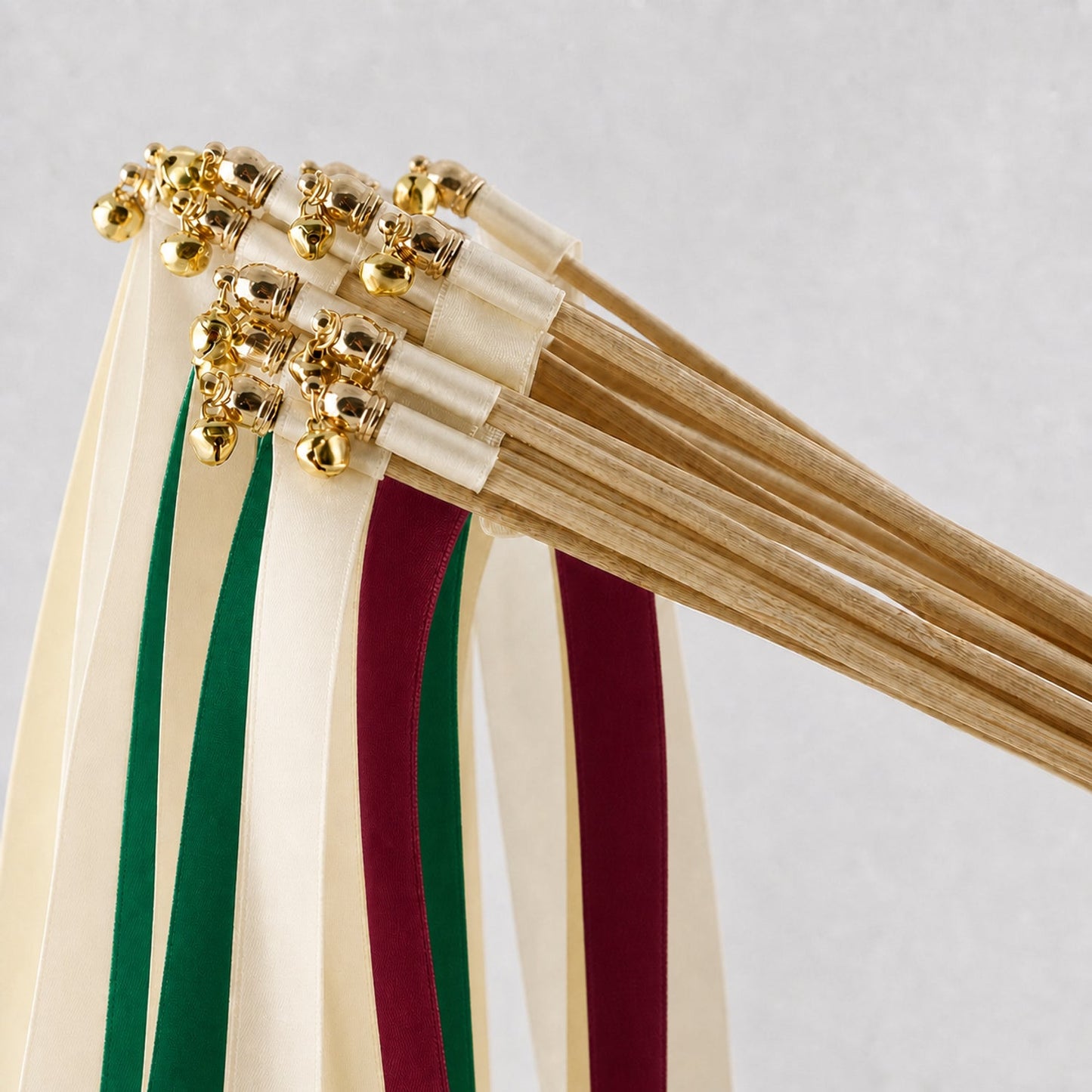 Handmade Emerald and Wine Wedding Ribbon Wands with Bell - Ivory Satin Ribbons