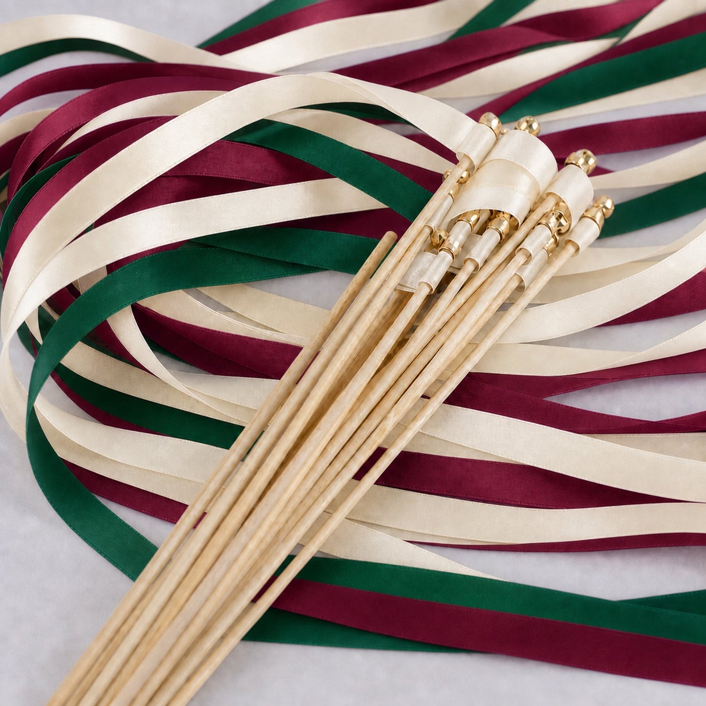 Handmade Emerald and Wine Wedding Ribbon Wands with Bell - Ivory Satin Ribbons
