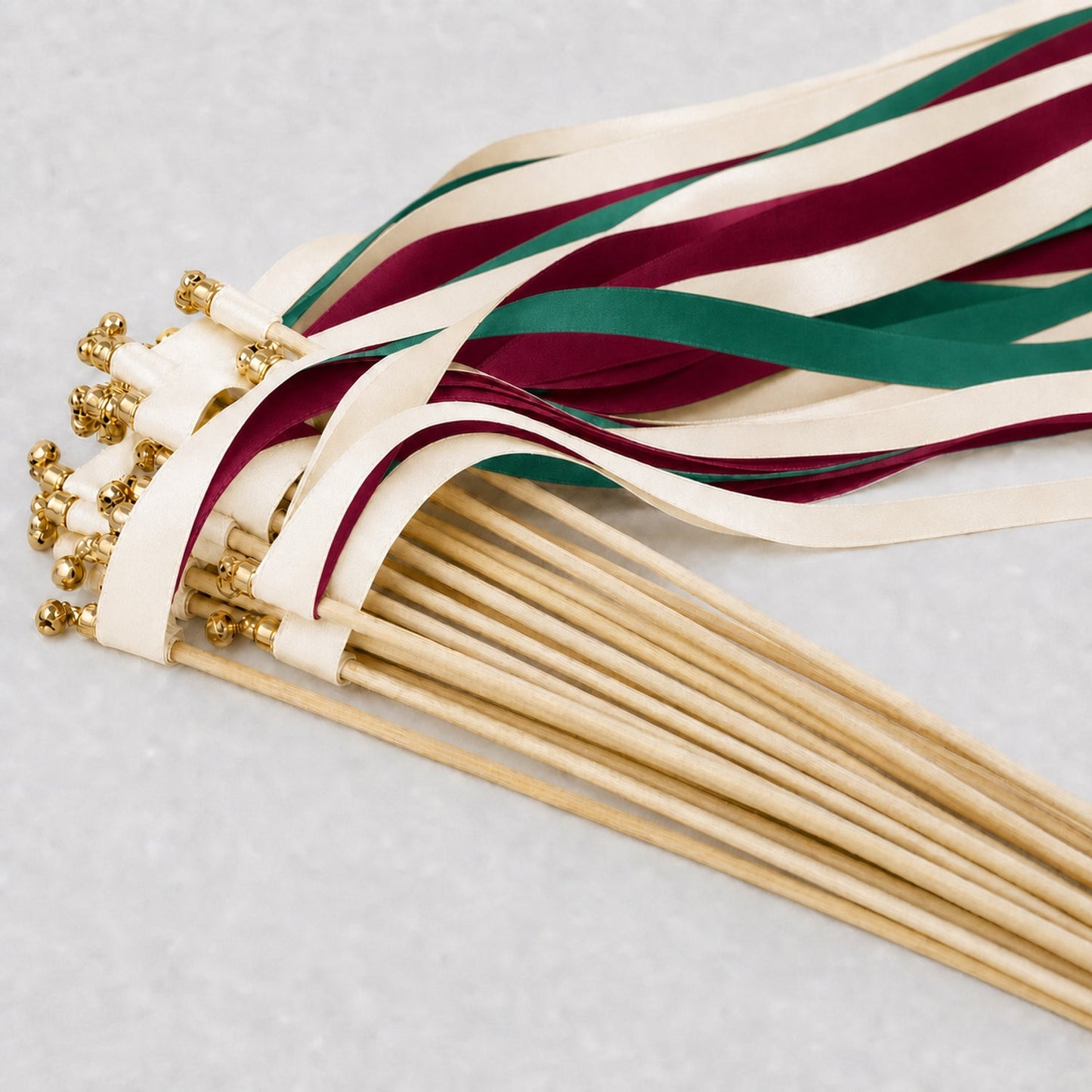 Handmade Emerald and Wine Wedding Ribbon Wands with Bell - Ivory Satin Ribbons