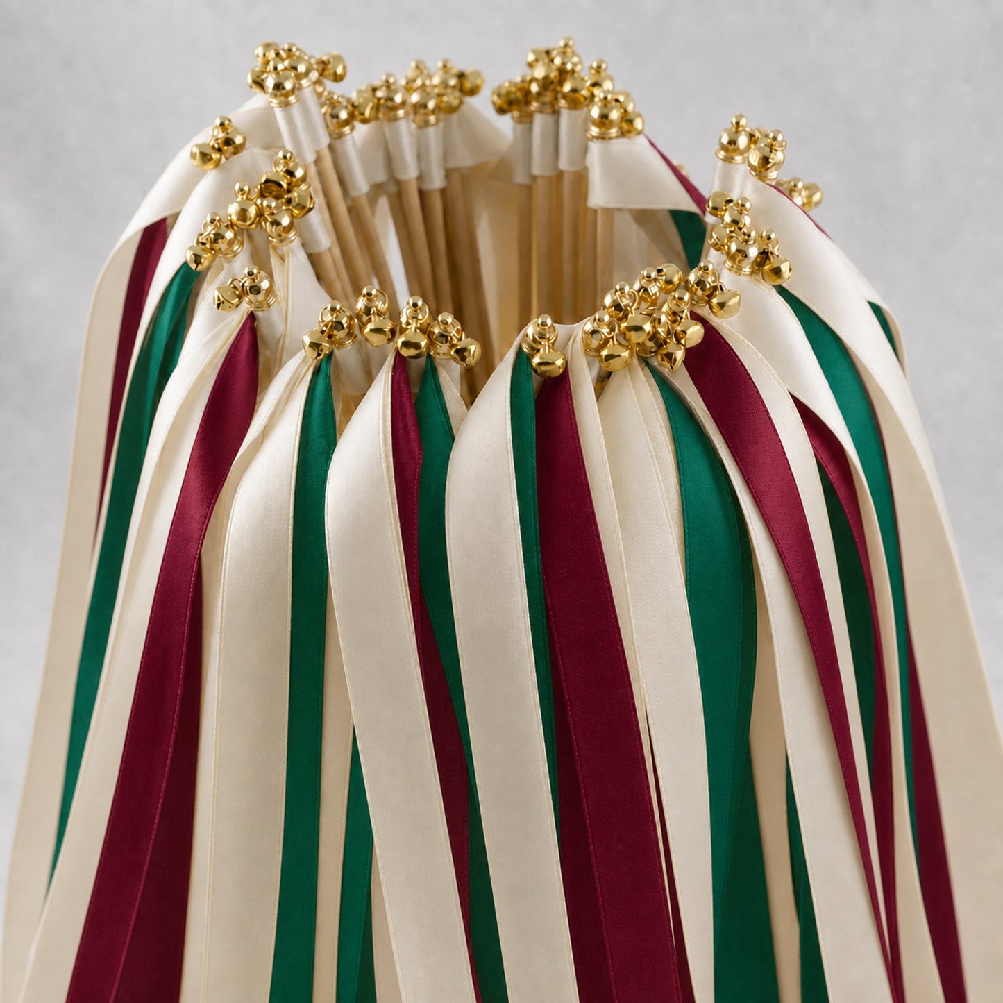 Handmade Emerald and Wine Wedding Ribbon Wands with Bell - Ivory Satin Ribbons