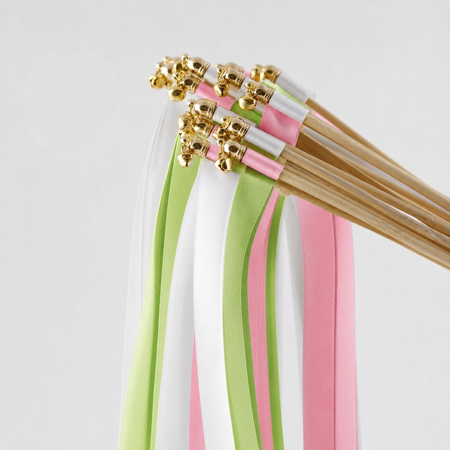 Handmade Fresh Apple Blush Wedding Ribbon Wands - White, Apple Green and Light Pink Triple Ribbon with Bell