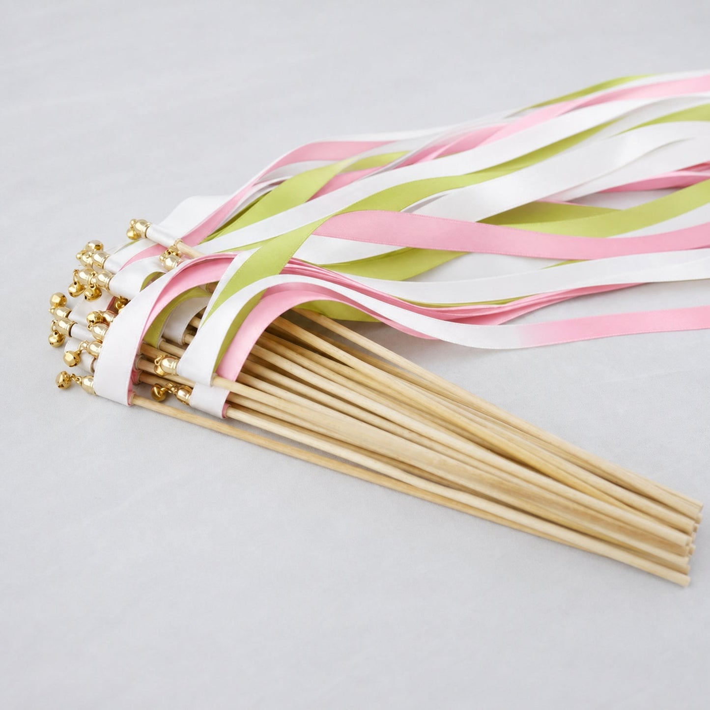 Handmade Fresh Apple Blush Wedding Ribbon Wands - White, Apple Green and Light Pink Triple Ribbon with Bell