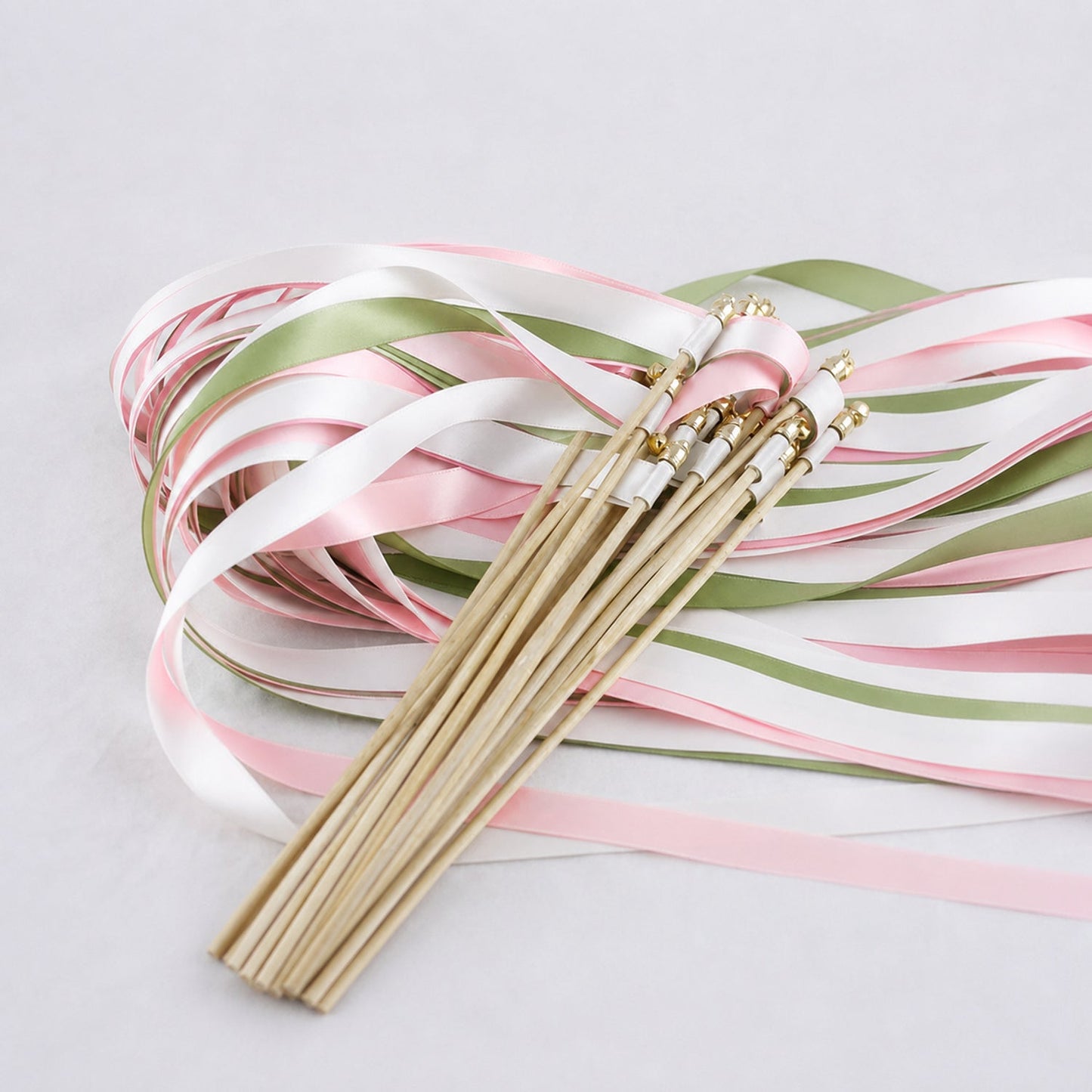 Handmade Fresh Apple Blush Wedding Ribbon Wands - White, Apple Green and Light Pink Triple Ribbon with Bell