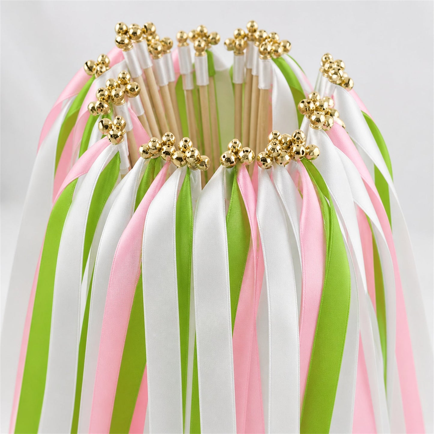 Handmade Fresh Apple Blush Wedding Ribbon Wands - White, Apple Green and Light Pink Triple Ribbon with Bell