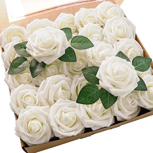 25pcs Artificial Flowers Real Looking Foam Fake Roses with Stems for DIY Wedding Bouquets Bridal Shower Floral Centerpieces - Hibrides
