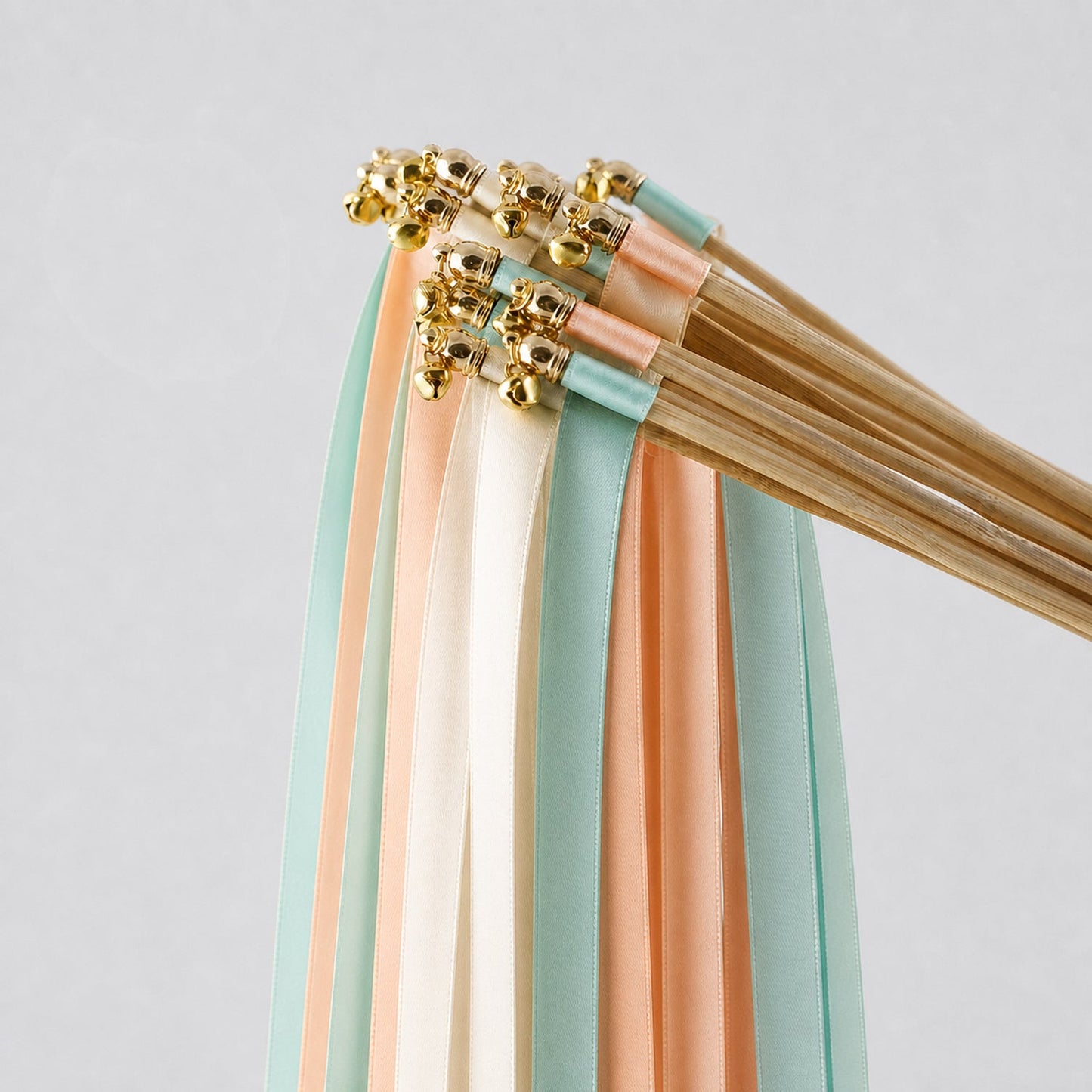 Handmade Ivory, Mint and Peach Wedding Exit Ribbon Wands with Bell - Mint Peach Garden