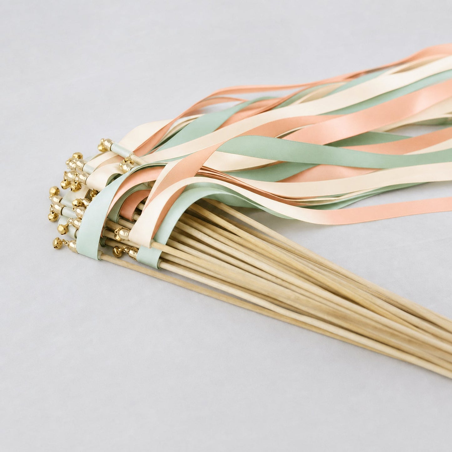 Handmade Ivory, Mint and Peach Wedding Exit Ribbon Wands with Bell - Mint Peach Garden